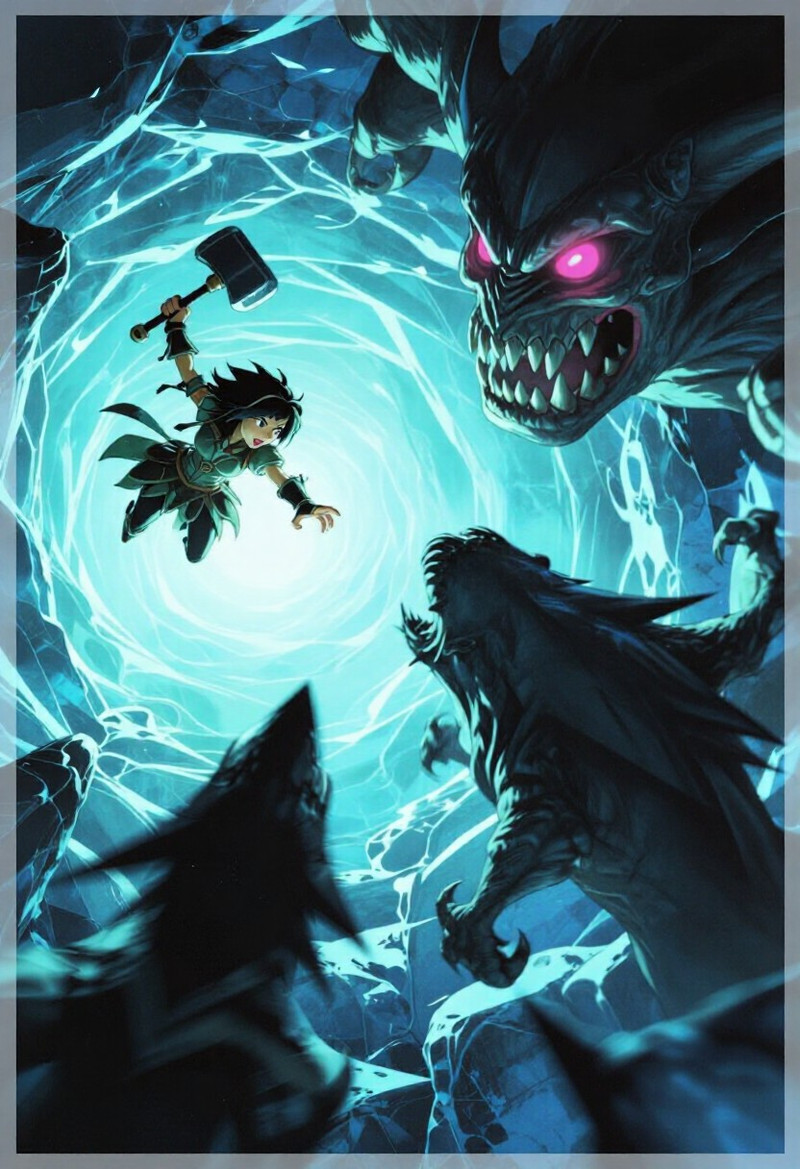 A digital illustration shoot from a low angle about a fierce battle between a giant monster and a smaller crea