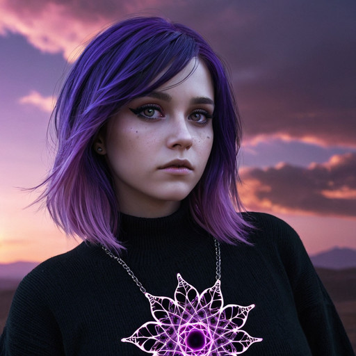 3dmm style,(masterpiece, top quality, best quality, official art, beautiful and aesthetic:1.2), (fractal art:1.3), 1girl, beautiful, high detailed, purple hair with a hint of pink,  dark lighting, serious face, looking the sky, sky, medium shot, black sweater, jewelry