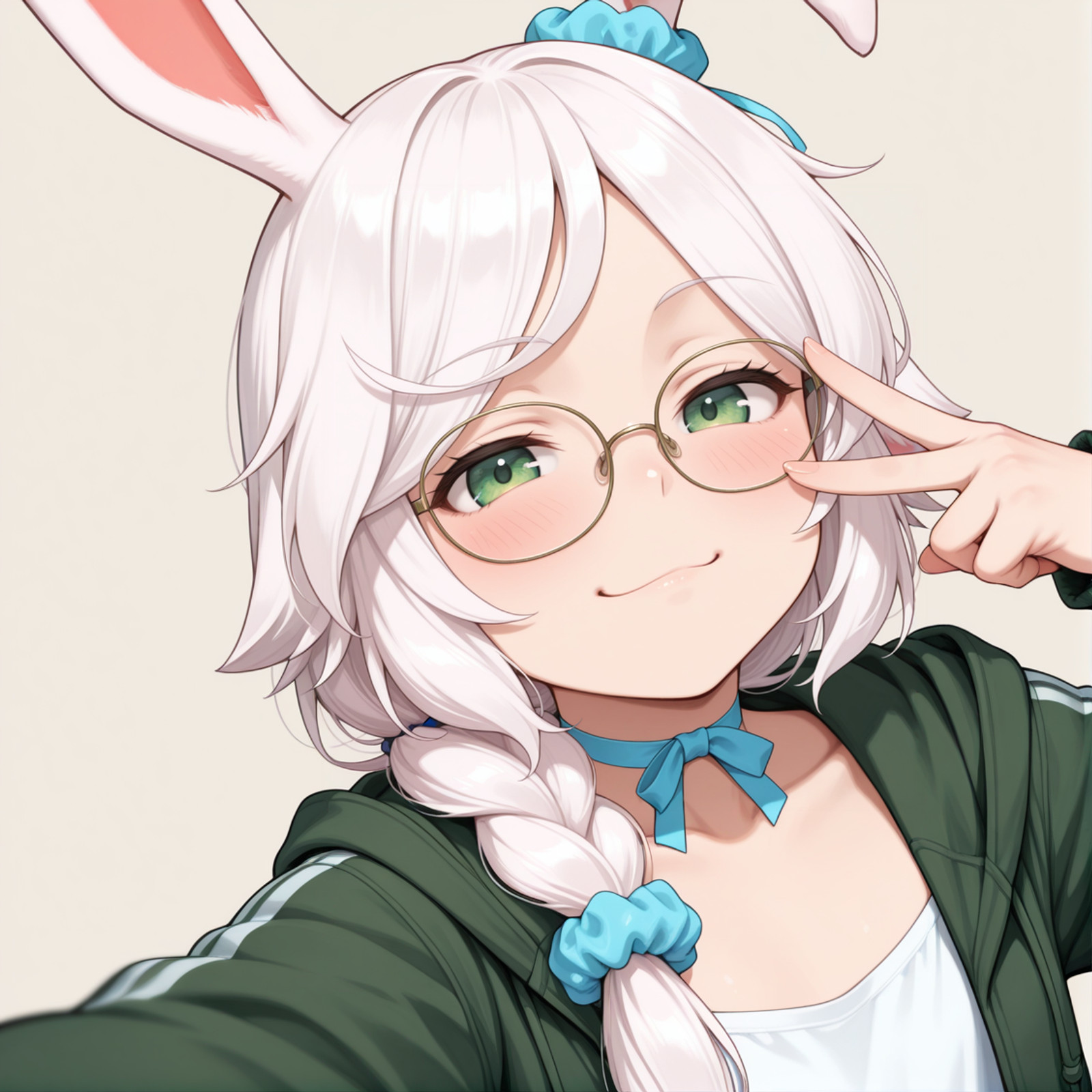 masterpiece,best quality,(1girl:1.1), solo, young, charlieillus, animal ears, rabbit ears, glasses, green eyes, white hair, braid, hair scrunchie, rabbit tail, blue ribbon choker, flat chest, hoodie, green jacket, white shirt, doyagao, <lora:Charlie_Illustrious:0.85>,looking at viewer, (close-up:2), eye focus, blush, simple background, dutch angle, upper body, head only, smug, smirk, v over eye,