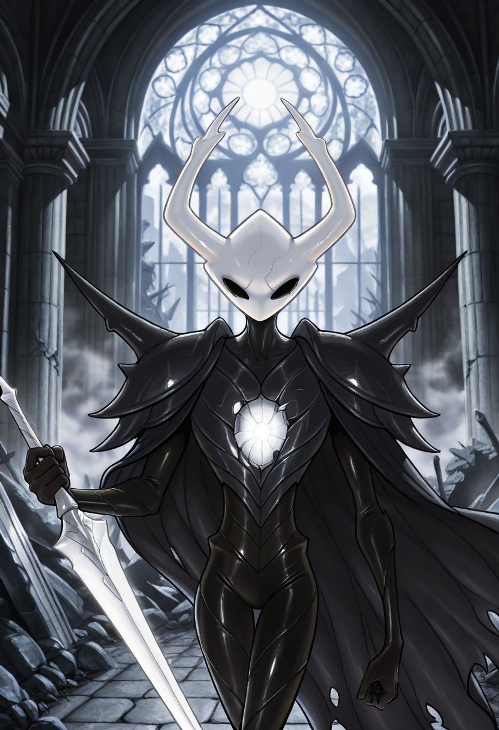 masterpiece, best quality, amazing quality, cartoon, official style, 1boy, solo, Pure Vessel, HK,mature, white hollow knight mask, white antlers, dark bodysuit, black eyes, (no mouth), kn1ghtd3lta, shadow creature, black bodysuit, spiked shoulders, armor, dark cape, torn cape, holes in hands, hole in chest, pointed legs, standing, sword stance, glowing weapon, greatsword, planted sword, holding sword, looking at viewer, glaring, dark cathedral, ruins, cowboy shot, upper body, closeup,