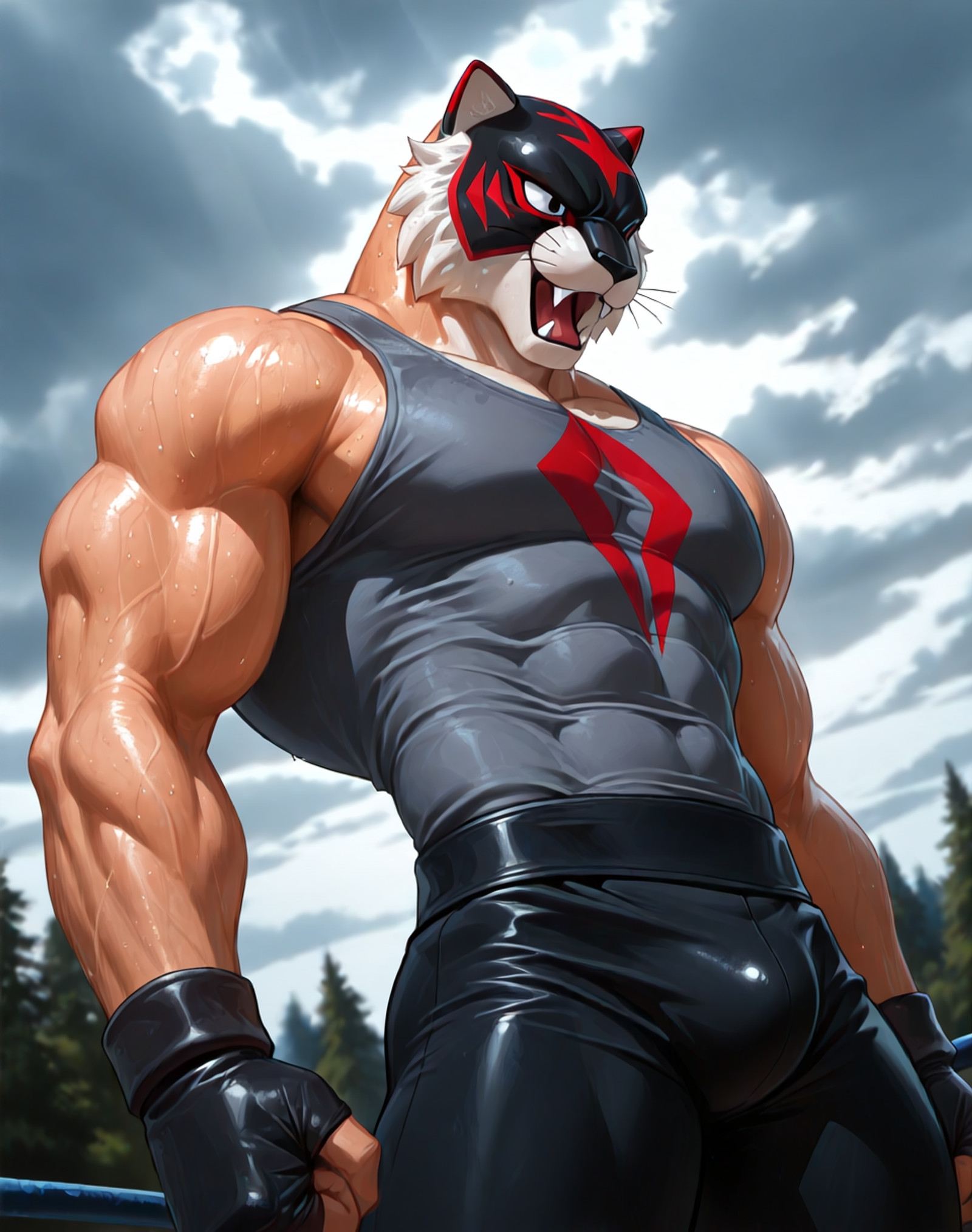 BREAK: high contrast, depth of field, Fresh Atmosphere, Clean Composition, Masterpiece, Best Quality, Smooth Details, vivid colors, 
exterior, Clean Composition, Masterpiece, Best Quality, depth of field, no crowd, private outdoor training area, dynamic lighting, vivid sky, nature, cloudy overcast sky, wrestling ring, 
BREAK:
<lora:TiDa_(Tiger_Mask)_(Illustrious)_(AD):1.5> TiDa, muscular, tiger, wrestler, <lora:BSS_Visual Enhancer Slider:0.5>, <lora:Dramatic Lighting Slider:4>, <lora:AddMicroDetails_NoobAI_v3:0.4> addmicrodetails,
very awe, aesthetically pleasing, masterpiece, best quality, dutch angle,  ((solo, dynamic action, no tail, superior, ):1.5), cowboy shot,
male focus, grey shirt, grey wrestling pants, black gloves, 
muscular hips, powerful sexy male physique, large wide shoulders, wide thick protruding chest, peak physical conditioning, large bulging muscles, abs, hyper muscular,
BREAK: very awe, aesthetically pleasing, masterpiece, high score, great score, absurdres, best quality, amazing quality, very aesthetic, perfect depth of field shot, in'ei,
BREAK: lazypos,