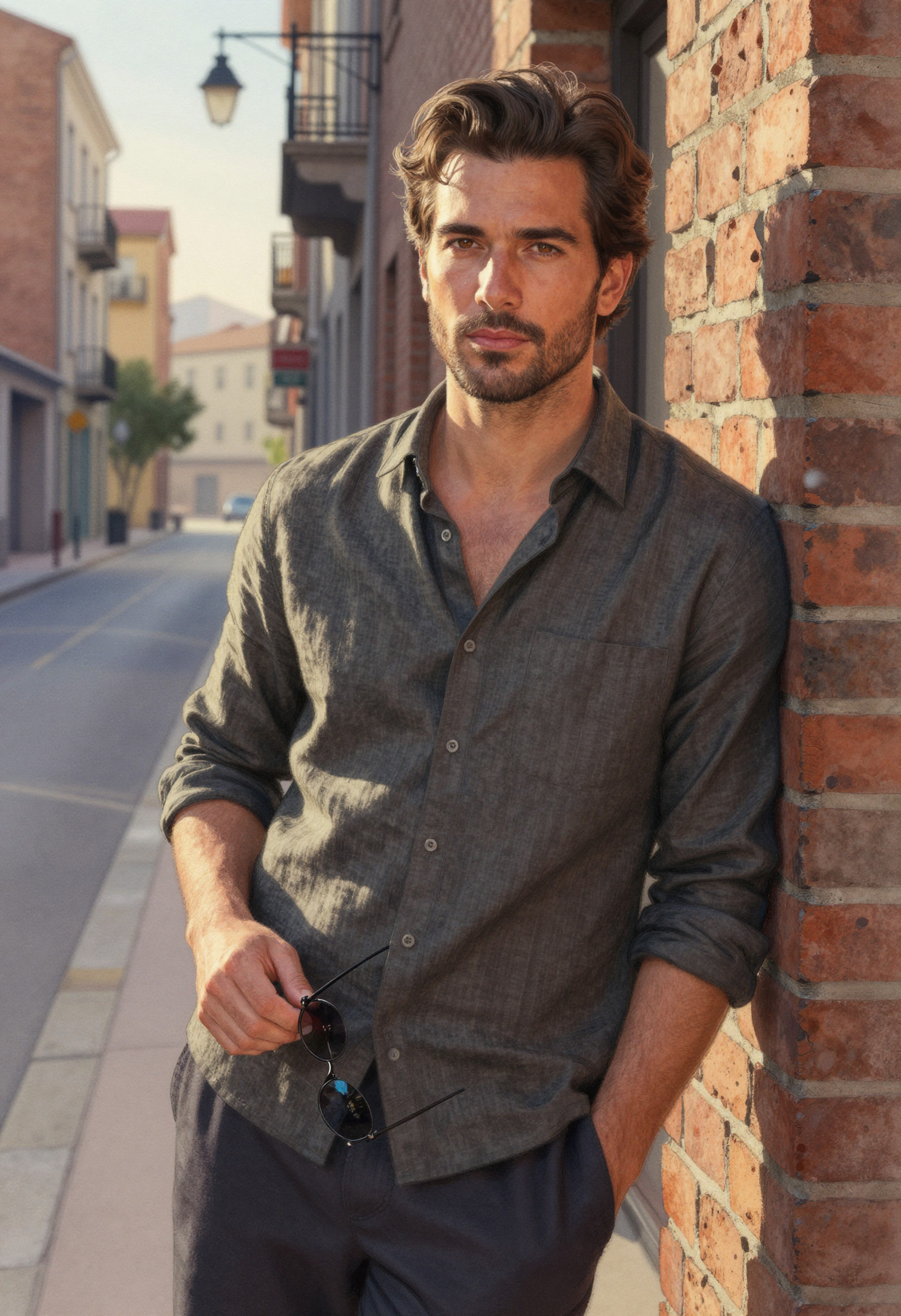 A man in his early 30s stands in a quiet urban street during the golden hour of evening, shown in a half-body portrait framing. His posture is relaxed yet confident as he leans lightly against a weathered brick wall. One hand rests casually in the pocket of his dark trousers while the other hand loosely holds a pair of sunglasses near his chest. His shoulders angle slightly toward the viewer while his gaze moves calmly down the street.  His face carries strong character with defined cheekbones, a subtle jawline beard, and warm natural skin tones shaped by soft directional light. His eyes are deep brown with reflective highlights that give depth to his expression. His hair is thick dark brown, styled back with a slightly tousled texture that catches the evening light along its edges.  He wears a fitted charcoal linen shirt with the sleeves rolled to his forearms, revealing subtle muscle definition and natural folds in the fabric. The shirt is partially open at the collar, and the linen texture is defined with delicate colored pencil strokes.  Behind him stretches a narrow city street lined with old brick buildings, small balconies, and hanging street lamps beginning to glow. The environment is rendered with expressive watercolor washes in warm ochre, muted terracotta, and soft sky blue tones across textured paper.  Colored pencil linework defines the contours of his face, hair, clothing folds, and architectural edges with confident sketch-like strokes. Watercolor pigments spread organically across the buildings and sky, creating layered atmospheric gradients.  Warm evening sunlight grazes the side of his face and shoulder, producing soft highlights along the cheekbones and collar while gentle shadows create depth along the wall behind him.  The composition focuses on a half-body portrait perspective where the surrounding architecture frames his calm presence. The visual style merges expressive watercolor painting with visible colored pencil structure and subtle realism in anatomy, materials, and light., painterly coal <lora:ZIT_3xperiment0:0.2> <lora:IL_Synthworld:0.4> <lora:sdxl_ta86artstyle_charcoal_brush:0.3> <lora:sdxl_ta86artstyle_charcoal_brush:0.5>