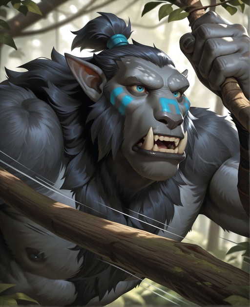 masterpiece, best quality, perfect quality, very awa, absurdres, newest, very aesthetic, absolutely eye-catching, intricate details,
dynamic pose, 1boy, solo,
forest, jungle, blurry background, dark grey fur, blue eyes, upper body focus, action pose, swinging through trees, hanging from tree branch, motion lines,
h0z3n, short tusks, sideburns, ponytail, pointed ears, fur, face paint, mane,
<lora:Hozen for Illustrious:0.75>