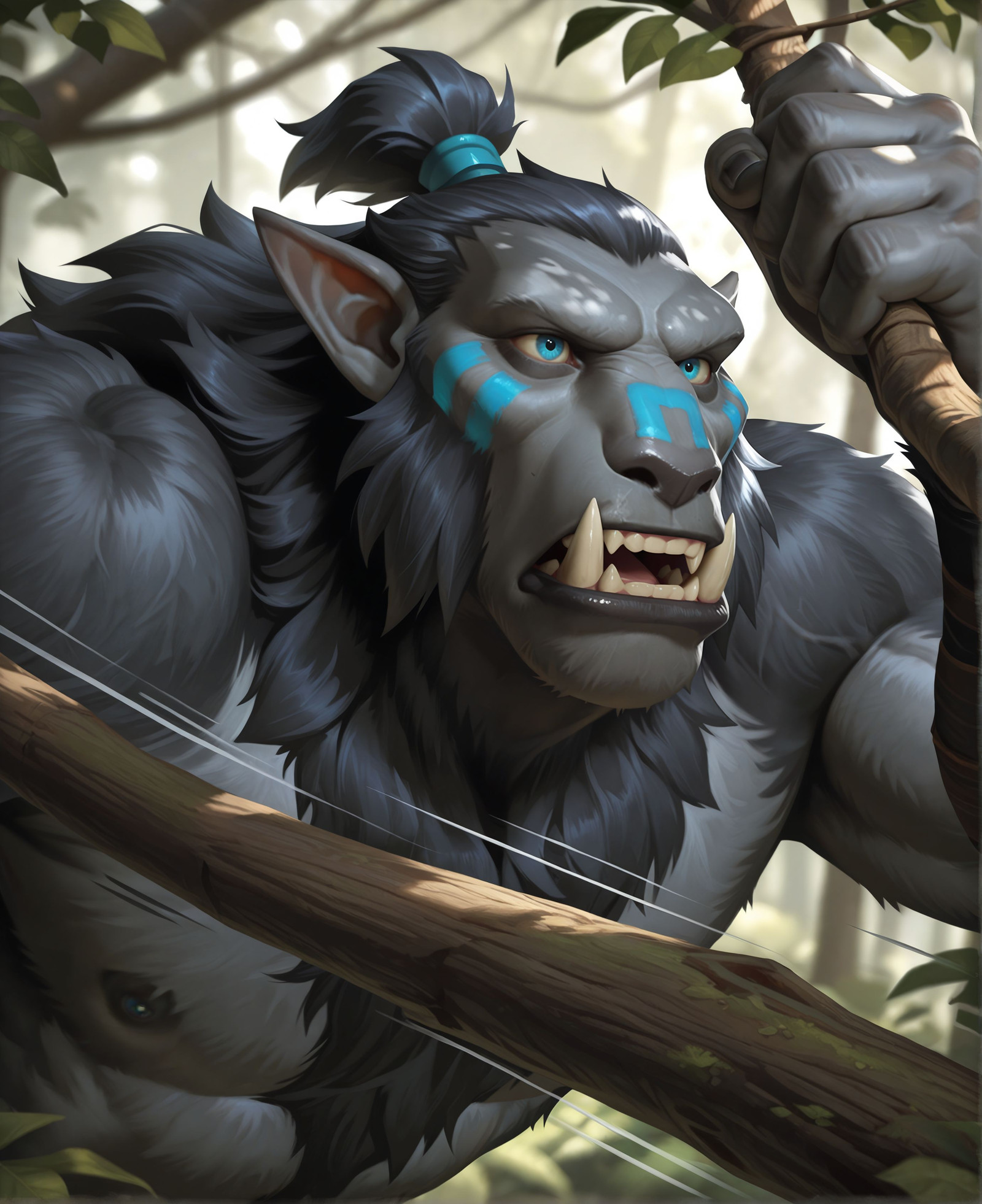 masterpiece, best quality, perfect quality, very awa, absurdres, newest, very aesthetic, absolutely eye-catching, intricate details,
dynamic pose, 1boy, solo,
forest, jungle, blurry background, dark grey fur, blue eyes, upper body focus, action pose, swinging through trees, hanging from tree branch, motion lines,
h0z3n, short tusks, sideburns, ponytail, pointed ears, fur, face paint, mane,
<lora:Hozen for Illustrious:0.75>