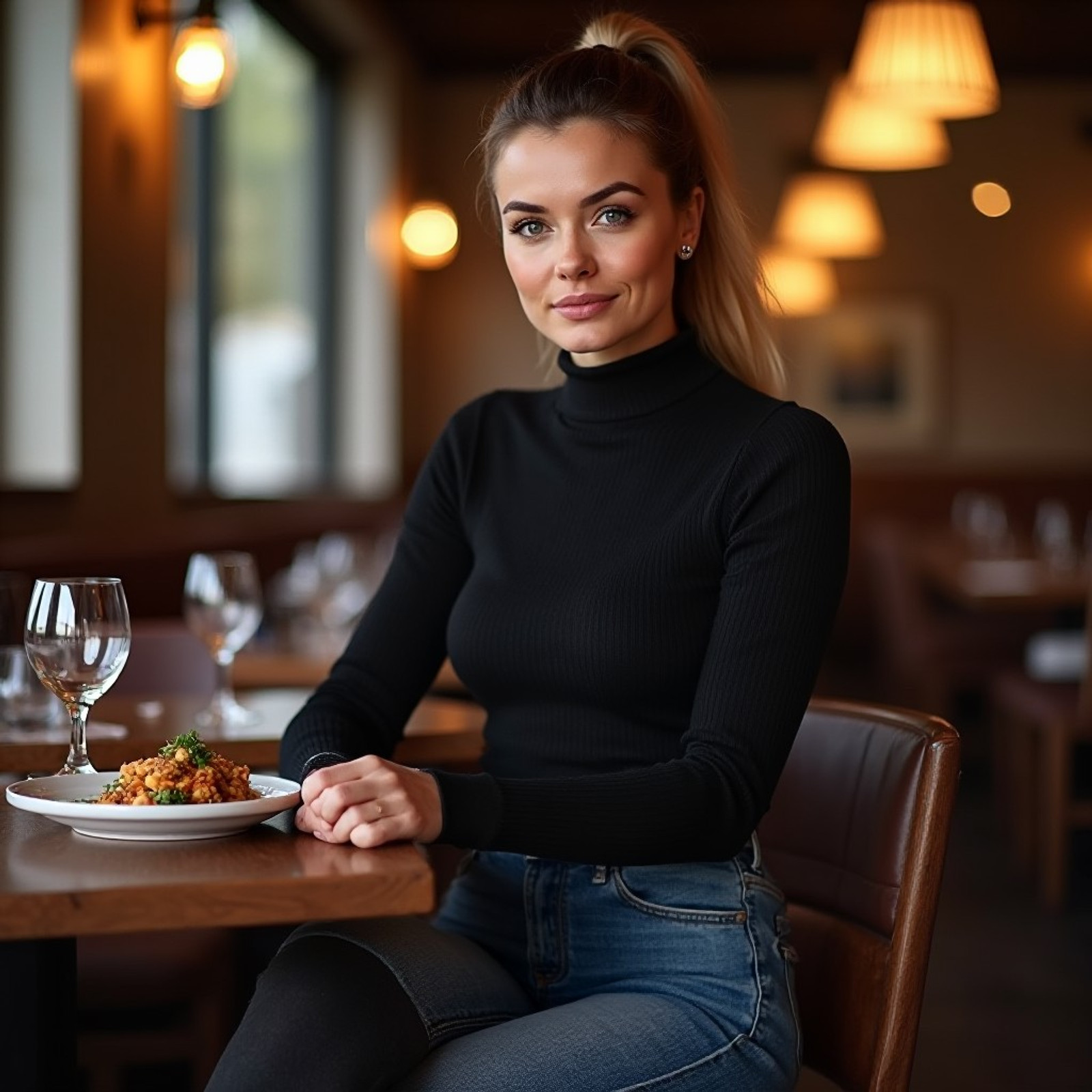 lovely ponytailed woman wearing  form-fitting, thin-ribbed black turtleneck that draws all the attention to the face and highlights the silhouette, with high-waisted skinny jeans, suede Over-the-Knee Boots. sitting at table, showing boots, for dinner date with viewer at a casual restaurant, looking at viewer,