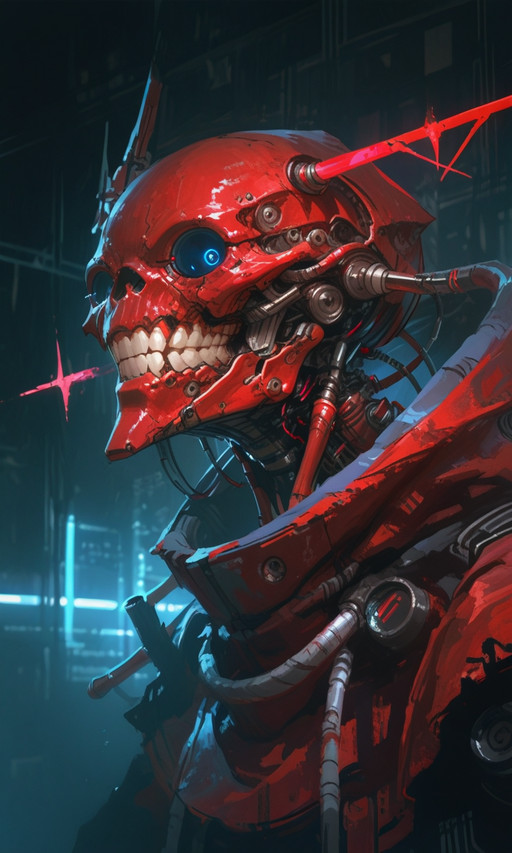 A digital painting of a red skeletal humanoid with a hooded cloak set against a dark futuristic background with red and blue lights. The creature's menacing grin and mechanical details create a sci-fi horror atmosphere, very close, sketch lines, side_view <lora:- iLL - the_edgy_mech_V3.0-step00016000:1>