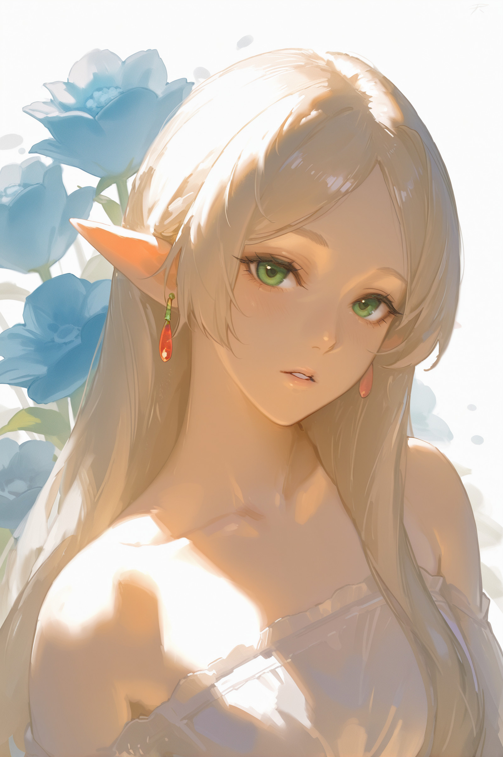 1girl, solo, long hair, parted lips, pointy ears, looking at viewer, jewelry, earrings, white background, green eyes, parted bangs, bare shoulders, bangs, upper body, simple background, collarbone, elf, dress,
watercolor, blue flower background, red earrings, 
masterpiece, 
<lora:wide_shot_il_1_d32:0.8>
<lora:rrumirumi_x:1>rrumirumi_x,  
 <lora:Dramatic Lighting Slider:2.5>