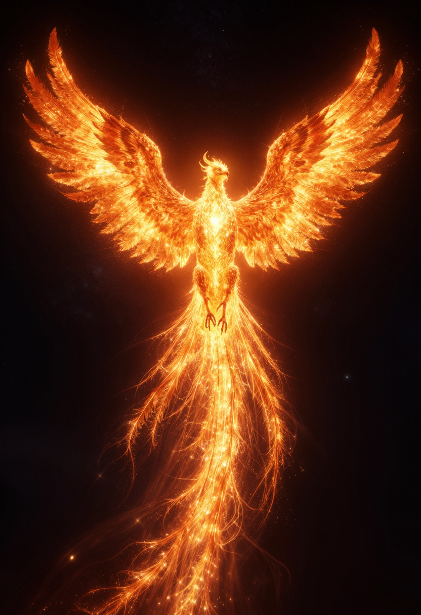 HYFpunk, cosmic phoenix ascending in radiant flight, majestic celestial firebird with fully extended wings, intense luminous golden-orange plumage, incandescent feather detail, flowing plasma-like tail trails, emotionally charged mythic cosmic presence, deep interstellar void environment, distant stars, drifting cosmic particles, subtle nebula haze, celestial isolation, transcendence, rebirth, overwhelming cosmic energy, centered heroic composition, symmetrical full-body framing, subject dominating frame, dramatic vertical energy flow, expansive negative space surrounding subject, deep environmental depth, cinematic 50mm lens look, dramatic internal emissive lighting radiating from within the creature, intense golden core illumination, fiery orange rim glow along wing edges, high contrast against deep black cosmic background, glowing particulate reflections, cinematic neon realism, emotional urban surrealism translated into cosmic mythology, photorealistic luminous feather rendering, chromatic aberration, dramatic lens bloom, optical distortion, gritty analog texture, hyper saturated cosmic color grading, symbolic emotional storytelling, exact single subject focus, anatomically coherent avian proportions, clean wing symmetry, hyper detailed radiant energy trails <lora:ta86_yal_HYFpunk_V1:0.6>
