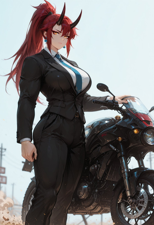 (masterpiece),klskx, D4rkL1nes, anime coloring, smooth blends,  BREAK  Oni, Reika, Zeriastra, Skybreaker,female, solo, adult, tall female, golden eyes, red makeup, red hair, streaked hair, long hair ponytail, red and black horns, spiky horns, large round breasts, muscular, blue earrings, (thick thighs:0.6),   wering red tie, white formal shirt. black formal business suit. Severe look. Standing in front of a powerful sci-fi inspired motorbike, outdoor