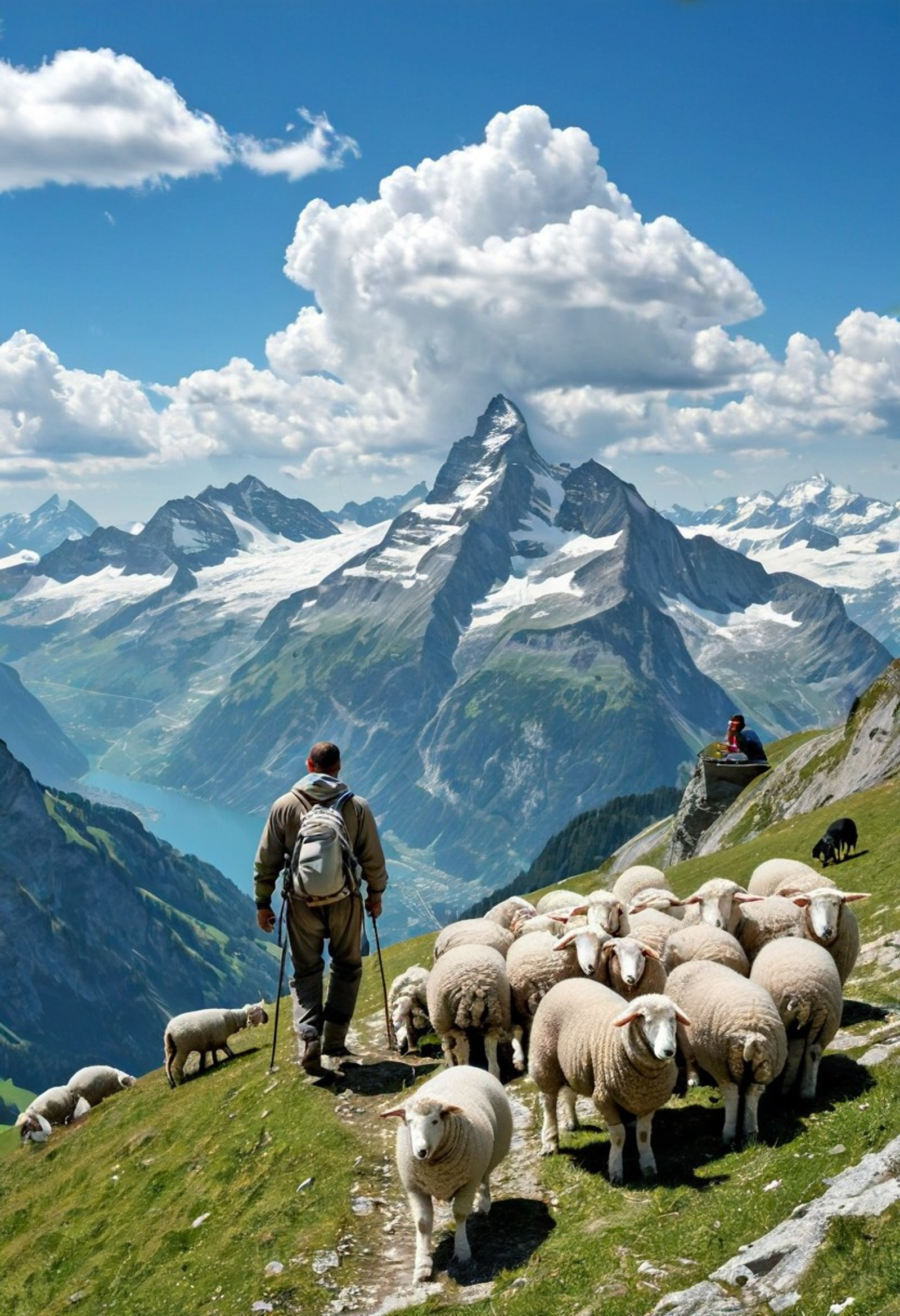 Swiss Alps, shepherd with his sheep and dog climbing a mountain, Swiss Alps background, blue sky and cirrus cloud