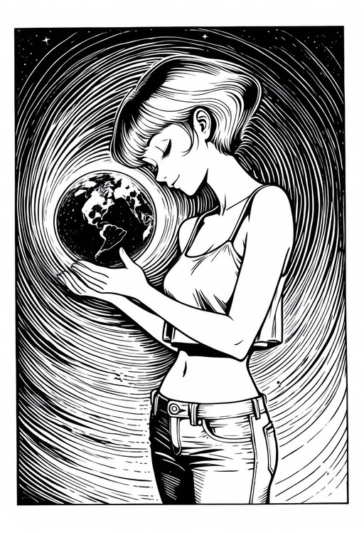 <lora:quino_ultimate_anima:1>
monochrome,
satirical cartooning, editorial cartooning, single frame,retro comic aesthetic,
1girl, slim body, top and jeans, she is watching a planet Earth picture, she looks peaceful,
inspiring tone.