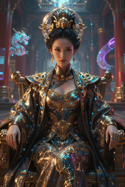 Ultraârealistic, cinematic portrait of a reimagined CyberâEmpress Cixi in the year 2025, appearing at the age of 30, seated on a monumental technoâimperial throne that fuses Qing dynasty aesthetics with advanced cyberpunk technology. She radiates overwhelming authority, calm dominance, and absolute control over a futuristic empire. Her posture is straight and commanding, her expression serene yet fierce, embodying a ruler who transcends eras.
She wears a hybrid ceremonial outfit: a highâtech reinterpretation of Qing imperial robes, made of iridescent smartâfabric that shifts between gold, black, and electric blue. The embroidery of dragons and clouds glows with embedded microâLED filaments. Her headdress is a futuristic evolution of the liangbatou, crafted from black carbon fiber, gold alloy, and luminous circuitry, forming a radiant halo around her head. Her hands rest with controlled elegance on the throneâs armrests, her fingers adorned with simple, refined gold fingertip caps inspired by Qing imperial fashion.
Her face is youthful, flawless, and sovereign.
Facial details:
â Eyes: almondâshaped, deep darkâbrown irises enhanced with subtle cybernetic luminescence, gaze sharp and commanding.
â Eyebrows: refined, slightly arched, giving her a look of intelligence and absolute control.
â Nose: straight and elegant, noble profile.
â Cheekbones: high and sculpted, catching the dramatic neon lighting.
â Jawline: smooth but firm, conveying strength and futuristic elegance.
â Chin: gently pointed, enhancing her regal presence.
â Mouth: full lips with a subtle, confident, sovereign halfâsmile.
â Skin: porcelainâsmooth with warm undertones, illuminated by a blend of golden imperial light and cool neon reflections.
â Hair: glossy black hair arranged in a sleek imperialâmodern fusion, interwoven with thin glowing filaments.
Lighting is dramatic and futuristic: a mix of deep shadows, golden highlights, and neon cyan/purple accents. The background shows a vast technoâimperial palace: towering red pillars reimagined in holographic glass, floating dragon holograms, shimmering dataâstreams, and a skyline of futuristic towers beyond. Aesthetic: hyperârealistic 8K, cyberpunk imperial grandeur, alternateâhistory cinema, overwhelming power and presence.
85mm f/11 clarity photorealistic quality, professional cinematography, directional lighting with sharp dramatic shadows