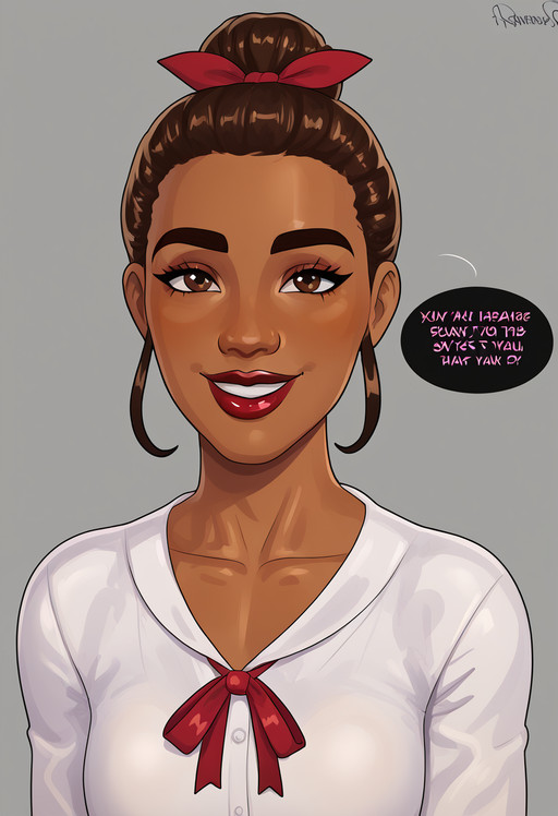 score_9, score_8_up, score_7_up, absurdres, <lora:PONYXL_STYLE_Rocner_ownwaifu:1>, BREAK PONYXL_STYLE_Rocner_ownwaifu, 1girl, brown eyes, brown hair, collarbone, grey background, solo, speech bubble, looking at viewer, smile, simple background, shirt, dark skin, dark-skinned female, portrait, meme, dress, white shirt, makeup, red lips, 1boy, ribbon, male focus, hair bun, red ribbon, thick eyebrows, dark-skinned male, lipstick, hair ribbon, single hair bun