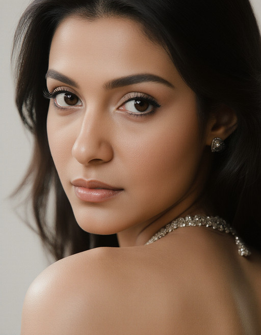 "Breathtaking over the shoulder shot photography of a SaudiArabia woman looking at viewer, necklace, looking over shoulders, eyelashes, fine hair detail, entire hairstyle visible, perfect eyes with iris pattern, sensual lips, nose, (perfectly sharp:1.3), realistic textures, (deep focus, focus on background:1.5), 8k uhd, dslr, ultra high quality image, film grain, Fujifilm XT3 <lora:SaudiArabia:1>"