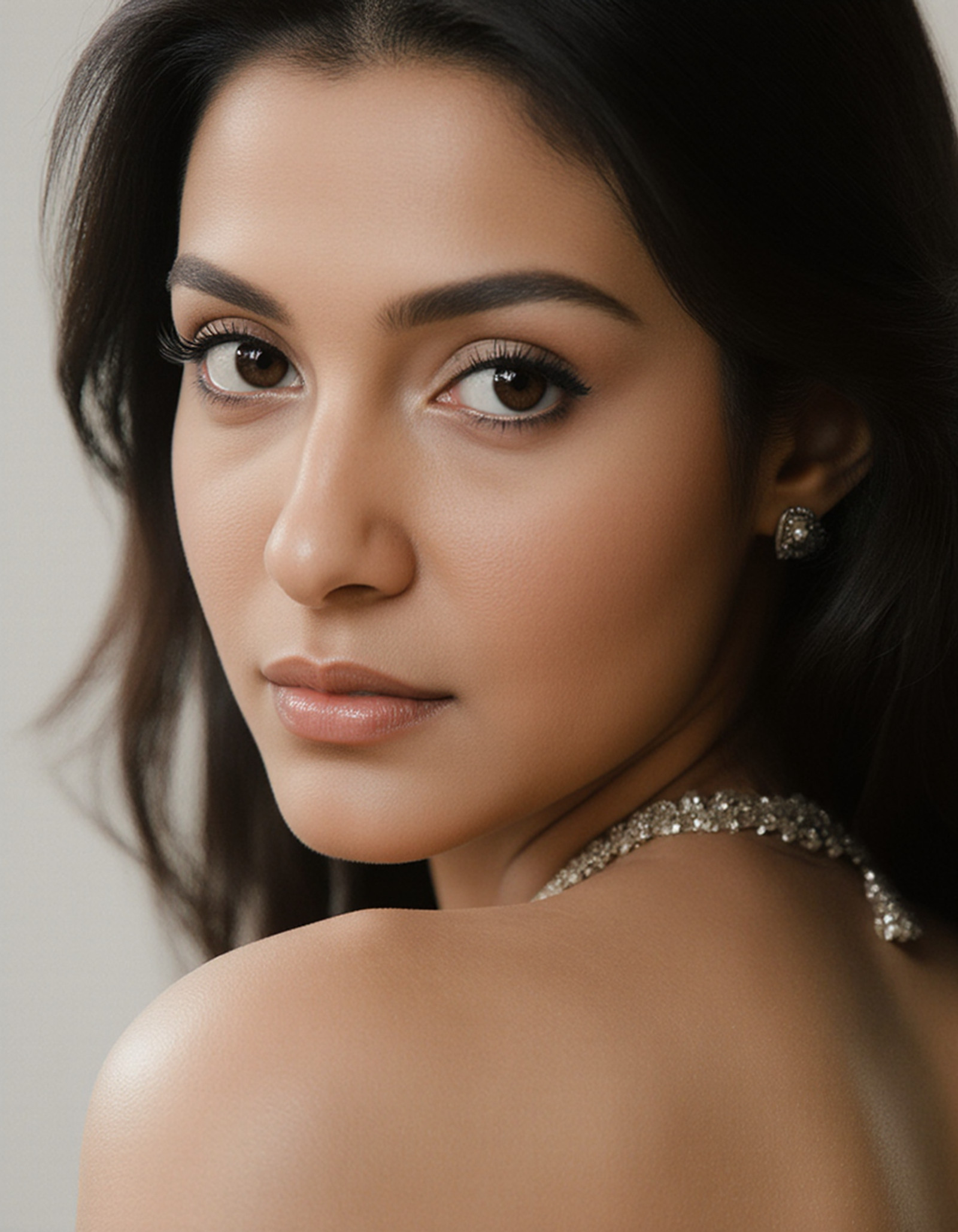 "Breathtaking over the shoulder shot photography of a SaudiArabia woman looking at viewer, necklace, looking over shoulders, eyelashes, fine hair detail, entire hairstyle visible, perfect eyes with iris pattern, sensual lips, nose, (perfectly sharp:1.3), realistic textures, (deep focus, focus on background:1.5), 8k uhd, dslr, ultra high quality image, film grain, Fujifilm XT3 <lora:SaudiArabia:1>"