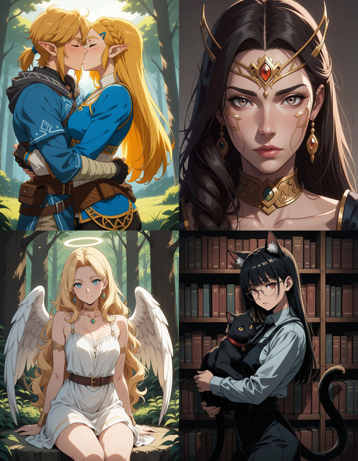 https://civitai.red/articles/25969 __ 1st image: masterpiece, best quality, score_9, 1girl, 1boy, princess zelda, the legend of zelda: breath of the wild, standing, kiss, hug, closed eyes, outdoors __ 2nd image: masterpiece, best quality, score_9, 1girl, face, portrait, looking at viewer, closed mouth __ 3rd image: masterpiece, best quality, score_9, 1girl, solo, blonde hair, wavy hair, angel, angel wings, halo, smile, sitting, forest, white dress __ 4th Image: masterpiece, best quality, score_9, 1girl, solo, long hair, black hair, blunt bangs, straight hair, round eyewear, cat girl, cat ears, cat tail, standing, holding cat, cat, looking at viewer, library, dark, dim lighting