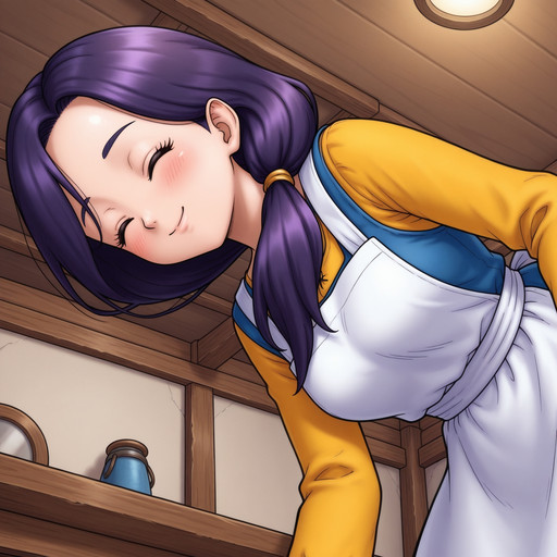 1girl,solo, <lora:DQ3_mother_ill_v1.00:1> d_q_3 mother, purple hair,low ponytail,hair over one shoulder, closed eyes,apron,yellow shirt,blue dress,smile,blush
indoors,close-up,ceiling,from below,bent over,hair_flip, lazypos, looking at viewer