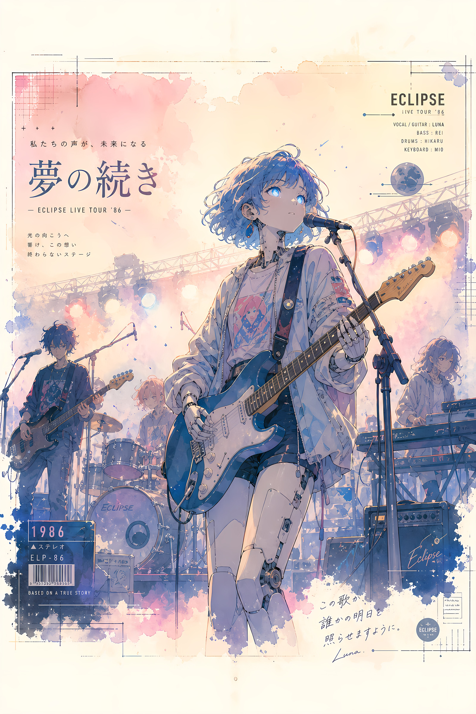 A stunning anime-style illustration portrays a graceful robot girl performing passionately on a concert stage alongside her band, rendered in a beautiful fusion of soft watercolor aesthetics and nostalgic retro anime visuals. Framed in an expansive very wide composition reminiscent of a cinematic anime film scene, the artwork captures the emotional atmosphere of a live performance while maintaining a dreamy, artistic softness. The overall image blends delicate watercolor textures with classic anime-style coloring and subtle vintage animation charm, creating a timeless and emotionally expressive visual.
At the center of the stage stands the robot girl, her sleek white mechanical body designed with elegant humanoid proportions and smooth segmented plating. Her expressive mechanical hands skillfully play an electric guitar as she performs beneath soft concert lighting. She has short, slightly wavy blue hair that gently frames her face, along with luminous blue eyes featuring glowing white pupils that add a subtle futuristic beauty to her appearance. Despite her mechanical nature, her expression and posture feel warm, emotional, and deeply immersed in the music.
She wears a relaxed casual outfit that contrasts naturally with her robotic body â layered street-fashion inspired clothing with soft fabrics, oversized sleeves, lightweight jackets, casual tops, fitted shorts or skirts, and subtle accessories that sway naturally during her performance. The stage around her is filled with atmospheric lighting, faint silhouettes of band members, microphone stands, amplifiers, cables, and musical equipment softened by dreamy depth-of-field and watercolor diffusion effects.
Soft cinematic lighting and delicate volumetric glow illuminate the concert environment, while natural shadows and pastel tones create a calm yet emotionally uplifting atmosphere. Gentle pinks, pale blues, warm creams, and muted lavender tones wash across the composition, enhanced by soft anime shading and richly detailed textures that resemble hand-painted watercolor paper. The background remains predominantly white with fading gradients and minimalistic visual noise, allowing the characters and lighting to stand out elegantly.
The artwork is further enhanced with irregular borders, fading outer frames, clean outlines, and abstract geometric design elements subtly integrated into the composition, giving the image the appearance of a beautifully printed retro anime illustration or an artistic concert poster suspended within a soft dreamlike space.
