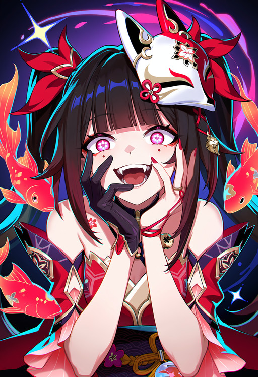 honkai: star rail, honkai \(series\), sparkle \(honkai: star rail\), 1girl, arm ribbon, black gloves, blunt bangs, brown hair, crazy, crazy eyes, crazy smile, fangs, fingernails, fish, flower, flower-shaped pupils, fox mask, gloves, gold trim, hair flower, hair ornament, hands on own face, hands up, long fingernails, long hair, looking at viewer, mask, mask on head, mole, mole under each eye, mole under eye, multiple moles, nail polish, open mouth, pink eyes, pink pupils, red flower, red nails, ribbon, sidelocks, single glove, smile, solo, sparkle, symbol-shaped pupils, teeth, tongue, twintails, A shot with tension, official art, cinematic, fashion photography style, visual impact, sharp focus, very aesthetic, extreme aesthetic, sensitive, incredibly absurdres, 8K, intricate details, ultra detailed, HDR, high contrast, high detail RAW color art, dynamic pose, dynamic composition, dark theme, masterpiece, highres, absurdres, newest, best quality, score_7honkai: star rail, honkai \(series\), sparkle \(honkai: star rail\), 1girl, arm ribbon, black gloves, blunt bangs, brown hair, crazy, crazy eyes, crazy smile, fangs, fingernails, fish, flower, flower-shaped pupils, fox mask, gloves, gold trim, hair flower, hair ornament, hands on own face, hands up, long fingernails, long hair, looking at viewer, mask, mask on head, mole, mole under each eye, mole under eye, multiple moles, nail polish, open mouth, pink eyes, pink pupils, red flower, red nails, ribbon, sidelocks, single glove, smile, solo, sparkle, symbol-shaped pupils, teeth, tongue, twintails