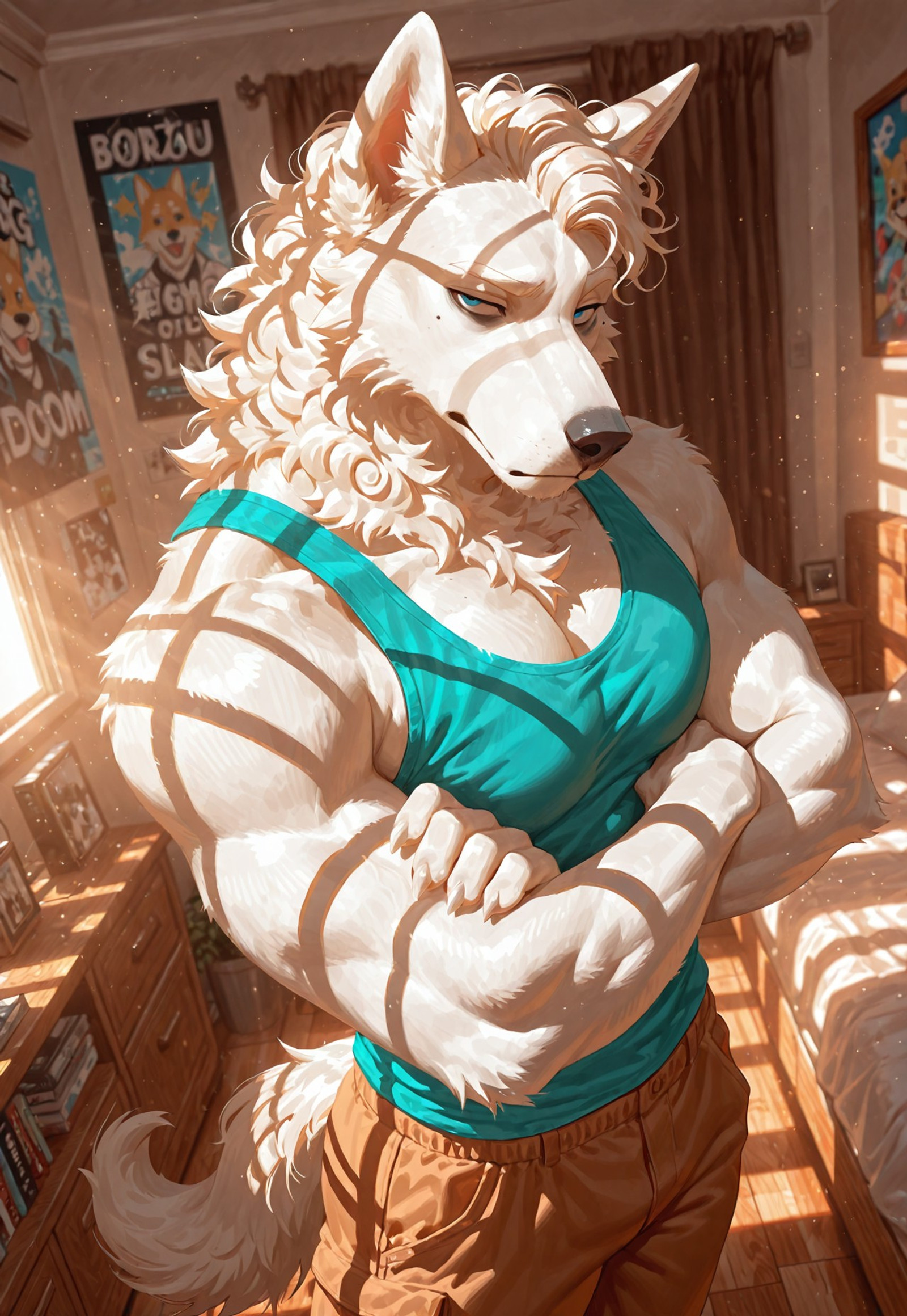 masterpiece, high quality, color grading, dynamic lighting, 4k, 8k, absurdres, character focus, furry focus, bold line art, sharp_lineart, clean_lineart, clean lines, dynamic lighting, dutch angle, depth of field, perfect composition, cowboy shot, (dynamic perspective), indoors, bedroom, bed, otaku_room, posters, messy_room, perspective, bright, high angle, from above, scnr
BREAK
1boy, male focus, toned, anthro, mature_male, 5fingers, (borzoi), dog anthro, white claws, long snout, animal_ears, animal_nose, grey nose, (curly_hair, curly fur, fluffy), half-closed_eyes, (body_fur, pale fur, muted_color), looking_at_viewer, (mole_on cheek, mole_under_eye), crossed_arms, dog_tail,  cocked_eyebrow, pecs, raised_eyebrow, head focus, (tank_top, aqua tank top), (cargo_pants, brown_pants), blue_eyes, frown, mature_eyes, bags_under_eyes, dog_paws