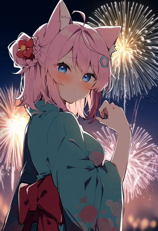 @4x0style, @4x0style, year 2025, newest, score 9, score 8, best quality, masterpiece, highres, absurdres, 1girl, solo, wolf ears, animal ear fluff, pink hair, medium hair, blue eyes, blush, closed mouth, hair ornament, hair flower, red flower, hexagon hair ornament, braided bun, single side bun, ahoge, antenna hair, japanese clothes, kimono, teal kimono, floral print, print kimono, wide sleeves, obi, red obi, sash, outdoors, night, aerial fireworks, fireworks, blurry background, looking at viewer, upper body, three-quarter view, over-the-shoulder, wolf girl, virtual youtuber, A bust-to-upper-body shot at slight low angle captures the subject in the center-left of the frame, body oriented in an over-the-shoulder pose with the torso turned away and the head turned back. The subject fills the midground, while a blurry night-sky background spreads across the full width behind her, dense with multicolored aerial fireworks bursting across the upper-right and lower-right portions of the frame. She raises her right hand near her chest with fingers loosely curled, her left arm extending behind her out of clear view, looking at the viewer with a soft closed-mouth expression, primary light entering from the fireworks behind her casting warm rim lighting along her right side.
<lora:anima_tanuma_epoch20:0.8>
