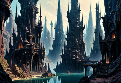 Digital artwork, sharp detailed, very detailed art, Masterpiece,a group of dark crystal towers built in vertiginous shapes, surreal city of dark crystal,
