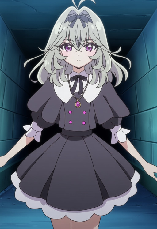 masterpiece, best quality, score_7, amazing quality,, cowboy shot, solo, looking at viewer, , <lora:moria-luluka-anime-anima-lora-nochekaiser:1>, moria luluka, long hair, hair between eyes, purple eyes, grey hair, hair bow, medium hair, hair intakes, black hairband, antenna hair, anime screencap, skirt, dress, jewelry, short sleeves, frills, puffy sleeves, necklace, black dress, puffy short sleeves, buttons, capelet, pendant, black capelet, victory pose, tunnel, darkness, underground, passage, walls,