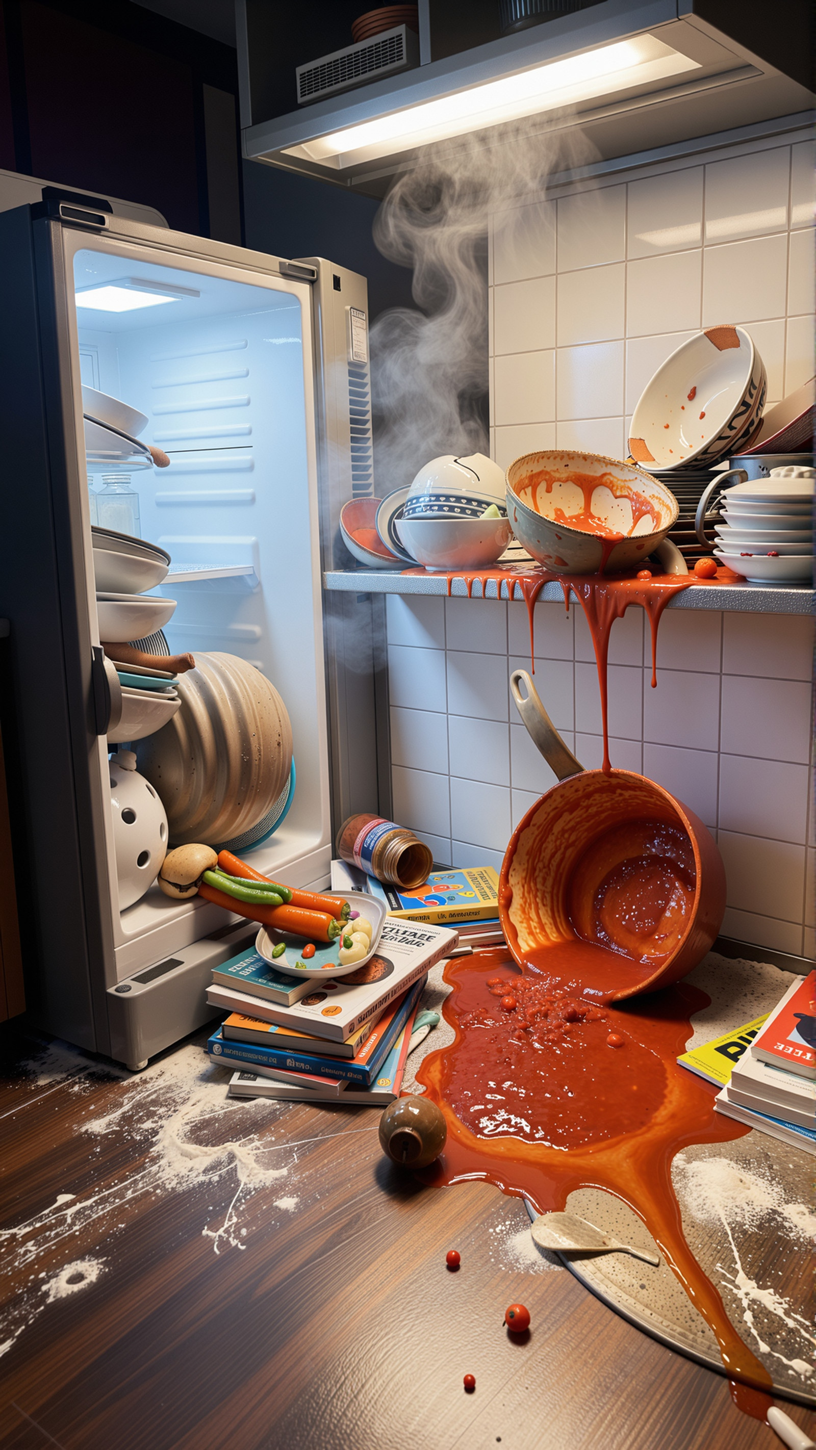 A chaotic kitchen scene unfolds in staggering photographic realism: an overturned pot of vibrant red marinara sauce cascades down a cluttered countertop, pooling across scattered cookbooks and splattering across a white tiled backsplash in dramatic arcs. Steam still rises from the hot sauce, creating visible wisps that catch the harsh overhead fluorescent lighting from an old apartment kitchen fixture, making the scene feel urgently fresh and messy. Dirty dishes pile in the sink behind, with a cracked ceramic bowl showing jagged edges that reflect the overhead light in sharp highlights. An open refrigerator door camera-left spills cool blue-white light across the scene, creating a jarring color contrast with the warm sauce and creating a two-tone lighting scenario that makes the mess feel almost cinematic in its amateur authenticity. The floor shows more evidence of culinary disasterâscattered vegetables, an overturned spice jar, and flour dust that creates pockets of white under the harsh kitchen strip lighting. The lighting from the refrigerator creates harsh, directional shadows behind objects while the overhead fixture provides unflattering downward light that illuminates every splatter and stain with brutal honesty. The photo appears to be taken with a smartphone, evidenced by the slightly uneven exposure and the way the highlights blow out where sauce catches the overhead light. Style: Raw, amateur smartphone photography with harsh mixed lighting and unfiltered reality, documentary-style. Mood: Hectic, relatable chaos, authentic domestic crisis captured with no artistic pretension, purely documentary realism.