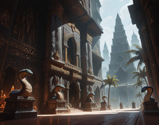 very awa, aesthetically pleasing, masterpiece, best quality, high contrast, Clean Composition, dynamic lighting, exterior, In'ei, chiaroscuro, absurd details, dutch angle, no humans, bold vivid colors, masterclass color theory, gradient coloring,
<lora:Styg1a_(Background)_(Illustrious)_(AD):1.25> Styg1a, background, dark fantasy, <lora:BSS_Visual Enhancer Slider:0.2>, <lora:Dramatic Lighting Slider:5>, <lora:AddMicroDetails_NoobAI_v3:0.3> addmicrodetails,
trending on artstation, ideal city, buildings, gold details, dark fantasy, desert city, palm trees, limestone streets, snake themed carvings and art reliefs adorning buldings, sorcery, buildings, streets, dark picture, eerie ethereal, art in the style of Frank Frazetta, snake themed statues adorning city, epic monumental sized architecture, subsurface reflections, subsurface refractions, subtle ancient Egyptian design, vivid limestone buildings, city of sorcerers dedicated to the snake deity Set, nation of Stygia from the Conan the Barbarian lore, deep dark shadows,
lazypos,