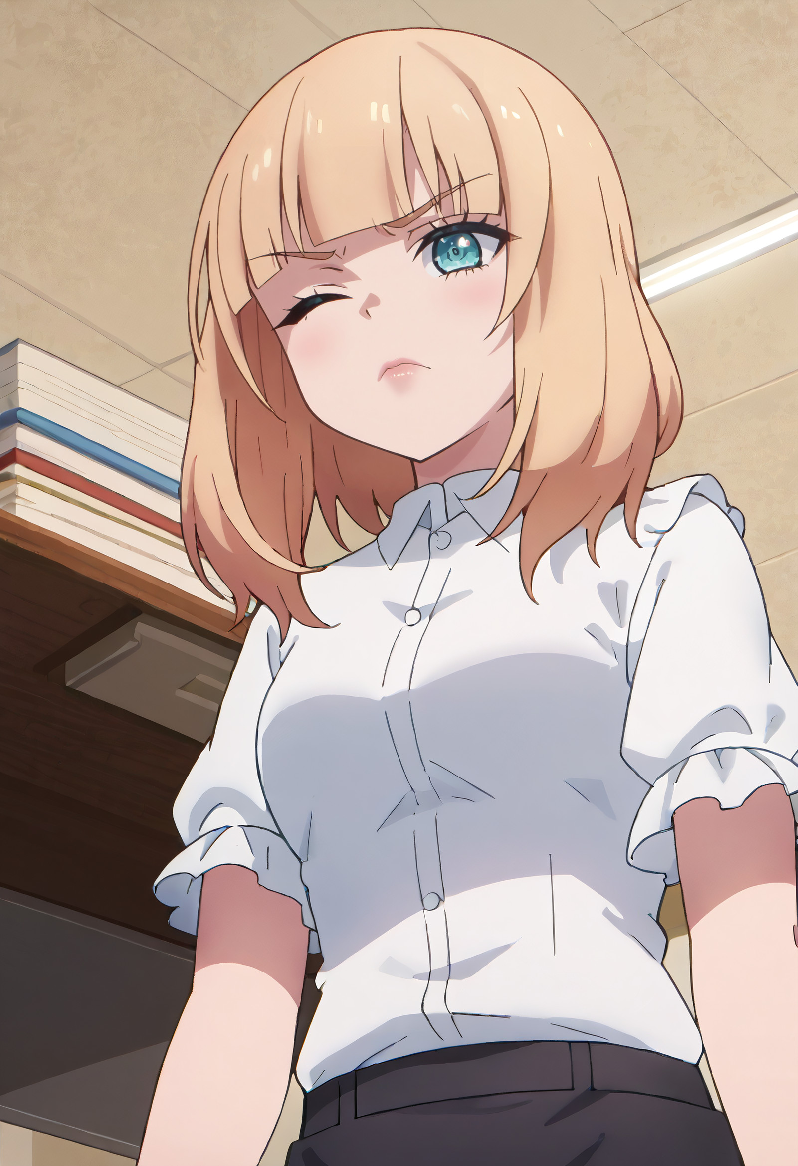    score_9, score_8_up, score_7_up, source_anime, anime_screencap, detailed_face, Lips pressed into a firm line, face hard with authority, eyes glaring down, unblinking gaze of dominance, MSNSaty, blunt_bangs, blue_eyes, blonde_hair, medium_hair, sidelocks,  solo, office lady, pencil skirt, black skirt, white shirt, dress shirt, short sleeves, frilled sleeves,  leaning to side, from below, low-angle view, <segment:girl's face,0.55,0.2//cid=11> absurdres, masterpiece, detailed face, perfect face, correct face, perfect anatomy, accurate, sharp lines, beautiful, extremely detailed, source_anime, anime screencap, Lips pressed into a firm line, face hard with authority, eyes glaring down, unblinking gaze of dominance, MSNSaty, blunt_bangs, blue_eyes, blonde_hair, medium_hair, sidelocks, 
