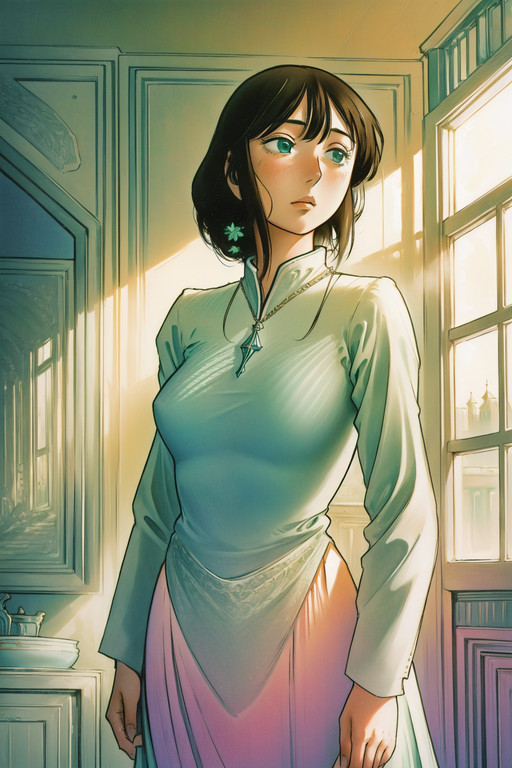1girl, <lora:tua_a3:0.8>, landscape of a White and Mint Green (St. Petersburg:1.1) from inside of a Ranch house, at Dawn, art by beksinski, james jean, loish, artgerm, rutkowsk, moebius, francis bacon and gustav klimt, Sad, Action Painting, Dramatic spotlight, fractal, expressive