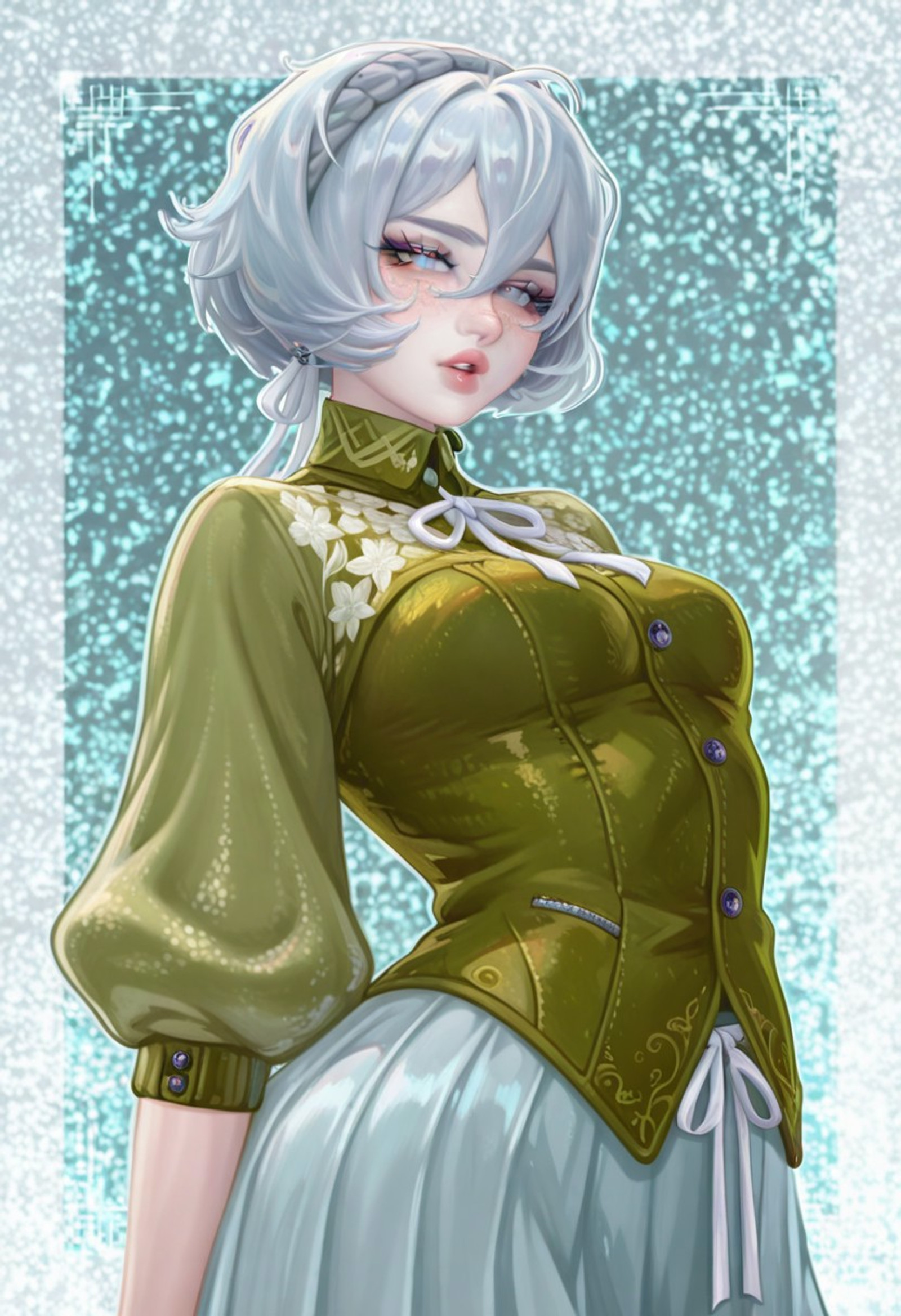 solo, 1girl, solo, parted lips, looking at viewer, light blue eyes, white pupils, pale skin, freckles, makeup, short hair, hair between eyes, skirt, white ribbon, grey hair, grey hairband, wolf cut, green jacket, breasts, pose, prywinkostyle