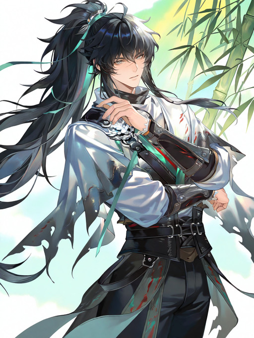 qiuyuan,masterpiece,newest,1boy,solo,arm armor,black hair,grey eyes,hair ribbon,long hair,ponytail,white cloak,scar on cheek,black pants,silver dragon shoulder ornament,(cowboy_shot:0.8),<lora:yao-000100:0.4>,looking_at_viewer,<lora:qiu11-000039:0.9>,<lora:reiXLNB11lokrV63P1:0.5>,(bamboo forest:0.8),colorful,absurdres,