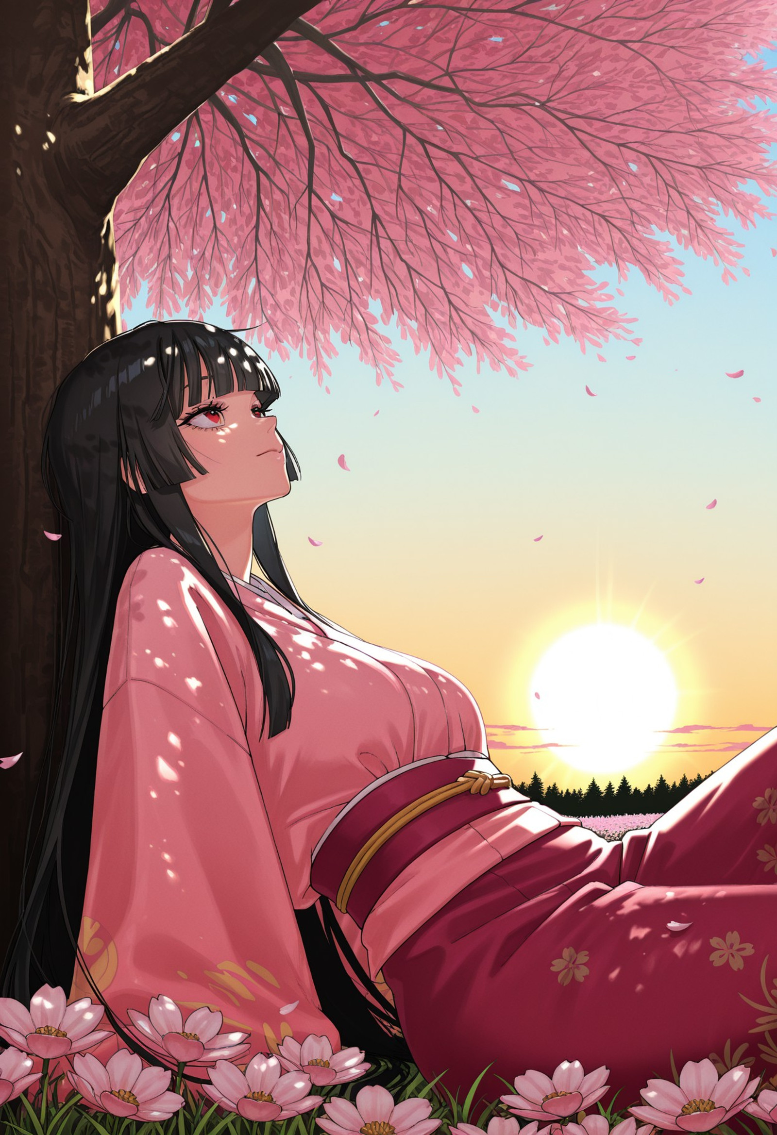 ((houraisan kaguya)), black hair, blunt bangs, hime cut, sidelocks, red eyes, very long hair, pink kimono, elegant, eyelashes, leaning back, looking up, closed mouth, from side, sunrise, sunlight, glowing sky, bright tone, warm colors, tree roots, grass, ((sakura tree)), pink petals, wind petals, under the tree, dappled light, tree shade, wind, leaning back, against tree, flower field, curvy,  huge_assets

best quality, absurdres, newest, very aesthetic, amazing quality, highres, ultra detailed, relaxed, morning, sunlight, under the trees, dappled light, tree shade, backlighting, flower petals, windy