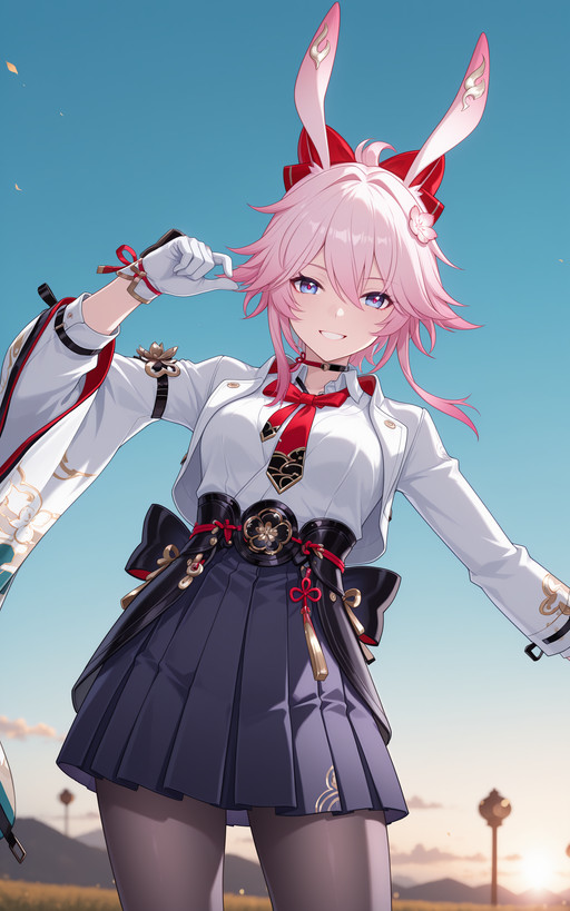 embedding:lazypos,masterpiece,highres,colorful,//////,
feiying_honkai_star_rail,official clothing,1girl,short hair,feiying purple skirt,feiying white shirt,pantyhose,red bow necktie,standing,long sleeves,hair between eyes,white gloves,smile,asymmetrical_gloves,furisode,black_choker,obi,feiying_white suit jacket,leaning_forward,smile,teeth,looking_at_viewer,upper_body,solo_focus,shading_eyes,gradient_sky,cirrus,