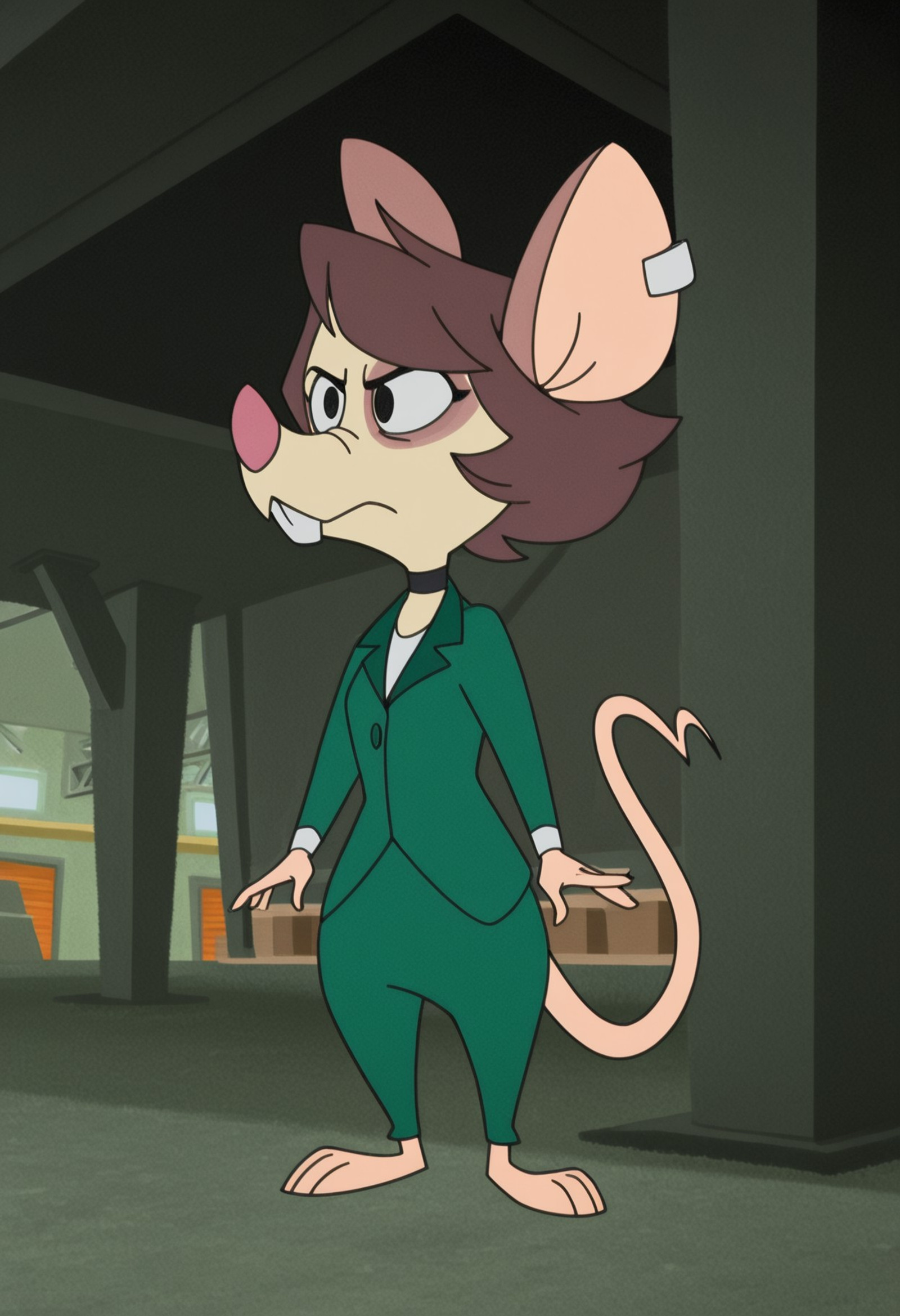 masterpiece, best quality, amazing quality, high quality,
Julia brain, 1girl, solo,  black eyes short brown hair, brown and cream fur, mouse tail, mouse feet, mouse ears, metal ear tag mouse hands, furry, anthropomorphic mouse, 2D animation green suit, white undershirt, green suit pants, black choker, evil