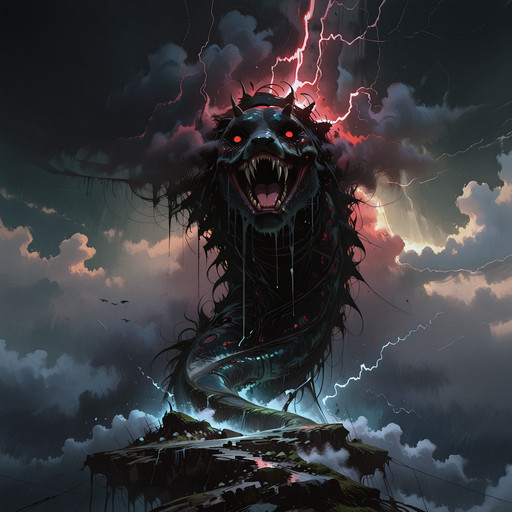 masterpiece, best quality, amazing quality, absurdres, newest, ultra high resolution, nohumans | BREAK

blissful islands of peace and calm tossed about by liquid thunder, a roiling maw forms in the clouds, vicious maw, a worm-like entity claws through the clouds and smoke, brutal red eyes watch the viewer, electrified oceans, crackling with lightning, fish leaping through the air, raw fear and a blackened sky, a charred sky of torment, the air shatters into thousands of fragments, the place where no man has gone

SoulStain, Gl9w, scnr