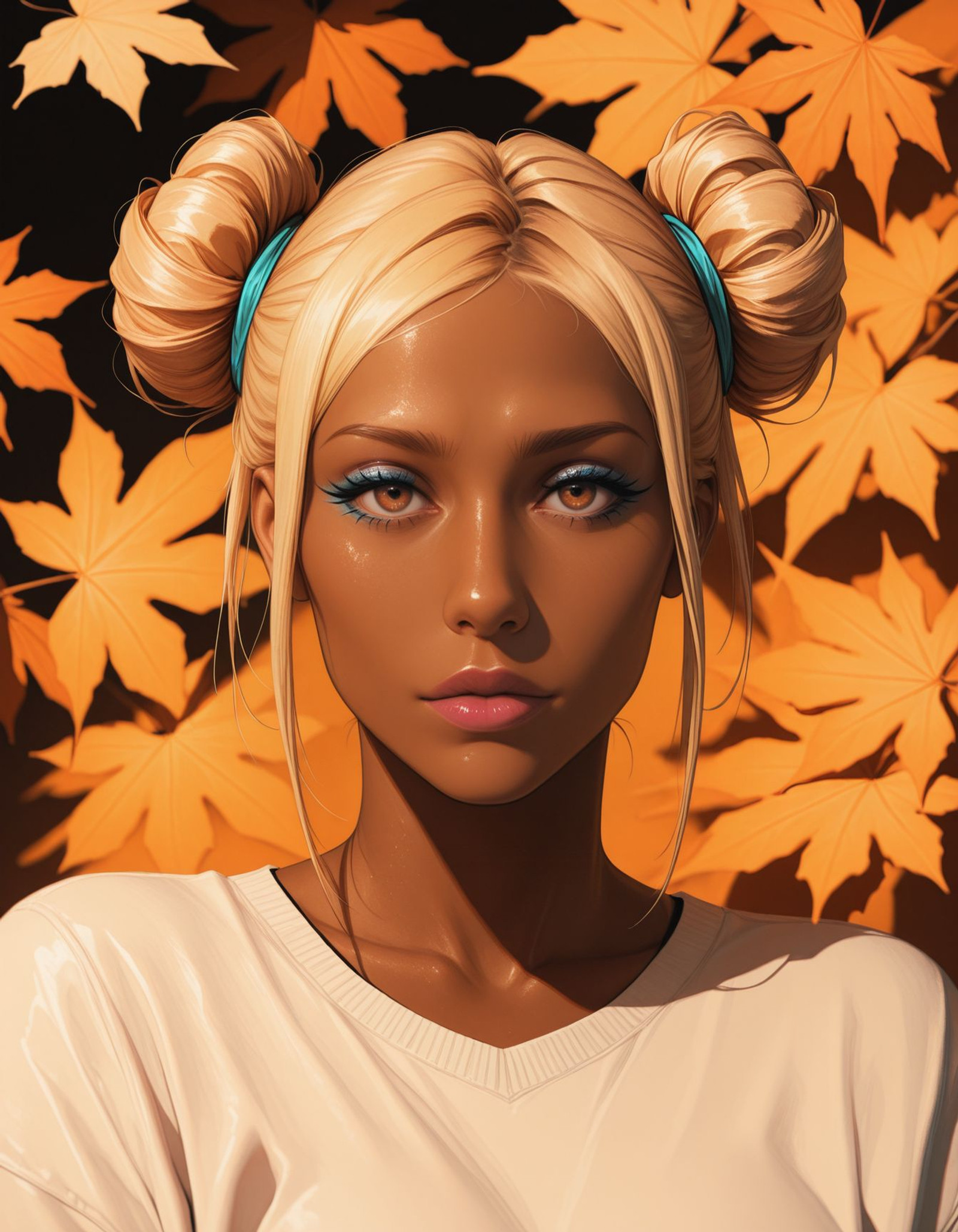 very awa, vibrant, stunningly beautiful, crisp, detailed, sleek, ultramodern, subtle shadows, high contrast, cinematic, ultra detailed, intricate, professional, solo,
<lora:OCFl0r3nce:1.0>
OCFl0r3nce, dark Skin, make up, Twin buns, blonde hair, brown eyes, 
looking at viewer, 
upper Body, autumn background