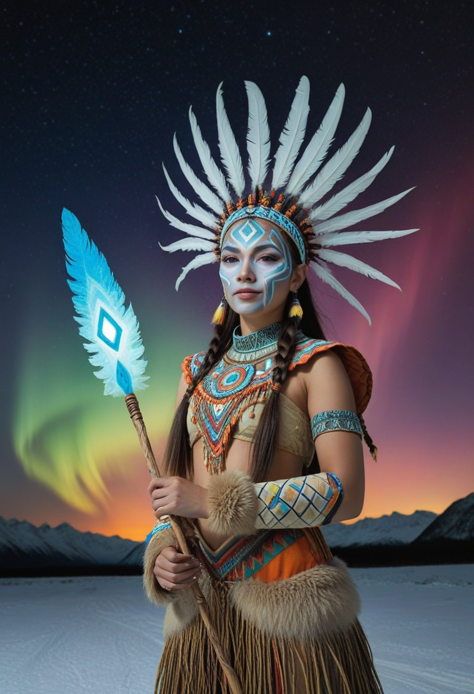 SFW, SmoothNoob_Quality, semi_realistic, , 1girl , 19yo girl,  shaman girl , geometric tribal face painting,mystical cosmic entity, thick long braid,  wearing fur covered rainbow   armor  colorfull feathers headgear,, holding staff made of ice, starry night with milk road background, aurora borealis at the sky,
, Smooth Quality, masterpiece, high_quality, highres, sharp_focus, adrr shaman,