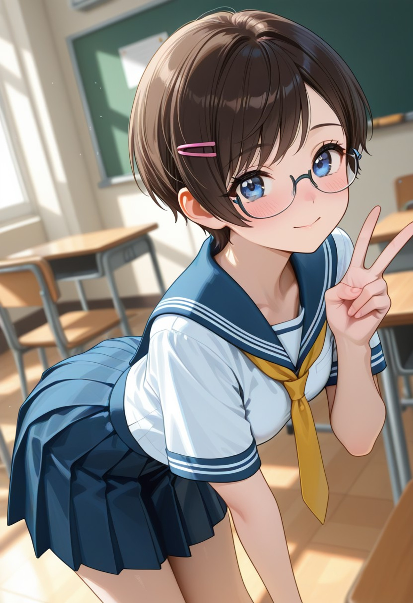 ((high quality:1.5), ((high resolution)), ((incredibly detailed)), newest, 8K, 16K, visualnovel illustration quality, masterpiece, natural lighting, perfect anatomy, detailed background, dynamic angle, indoors, classroom, chair, from behind,   1woman, white serafuku, blue sailor coller, short sleeve, yellow tie, blue pleated skirt, standing, bent over, perfect face, perfect blue eyes, semi-rimless eyewear, small breasts, detailed brown pixie cut, swept bangs, lustrous skin, flushed skin, hairpin, soft smile, blush, v sign, Jeddtl02,
