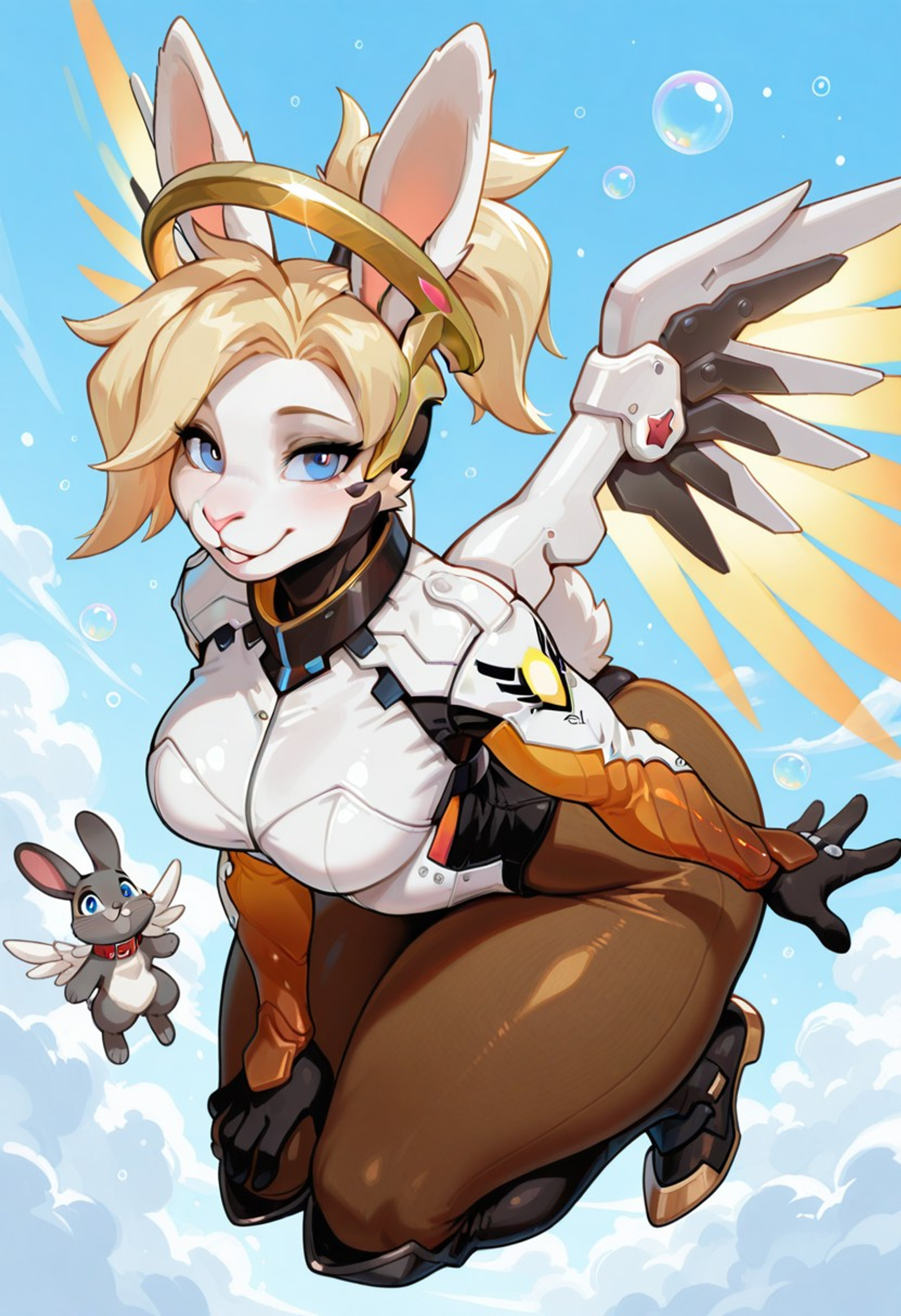 masterpiece, best quality, amazing quality,Mercy,blonde hair,blue eyes,mechanical wings,mechanical halo,high ponytail,anthro,furry,rabbit,rabbit ears,collar,looking at viewer,solo, flying, fullbody, bubble butt, thick thighs, medium breast