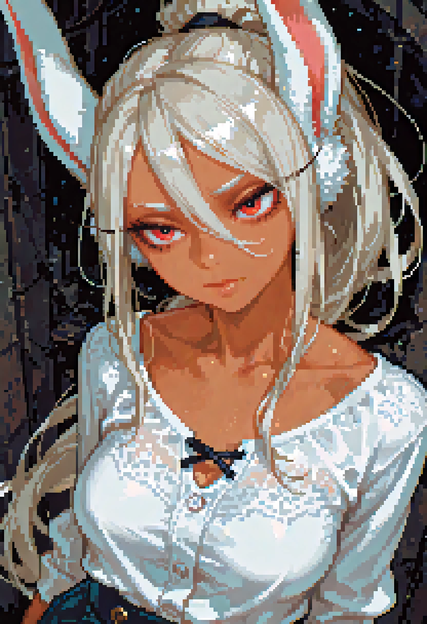 by dino \(dinoartforame\),impasto,1girl,solo,mirko,boku_no_hero_academia,ponytail,hair_between_eyes,hair_over_one_eye,grey_hair,very_long_hair,closed_mouth,eyelashes,red_eyes,dark_skin,collarbone,rabbit_ears,rabbit_girl,upper body,majestic,Masterpiece,Best quality,ultra-detailed,amazing quality,very aesthetic,illustration,perfect composition,intricate details,highres,greatscore,absurdres,incredibly absurdres,dynamic angle,dynamic pose,20yo,textured,extremely detailed eyes,pretty <lora:HerrscherAGGA2025_PixelART-ULTIMATEBASE-SDXL-IL_V1:1>
