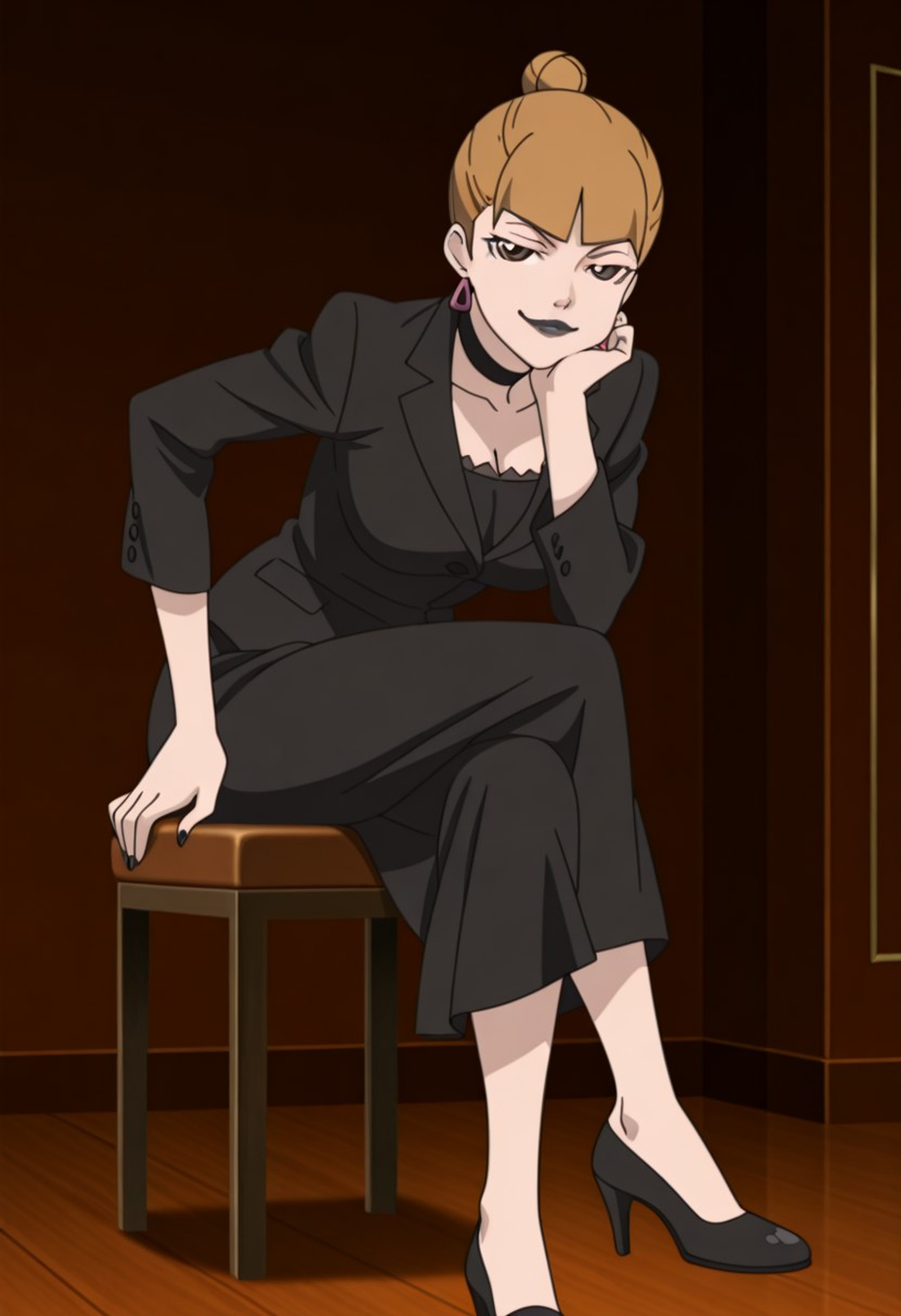masterpiece, best quality, amazing quality,, <lora:chihiro-kawashima-s1-illustriousxl-lora-nochekaiser:1>, chihiro kawashima, brown hair, brown eyes, hair bun, makeup, single hair bun, black lipstick, earrings, large breasts, anime screencap, bent over, smug,, goth, <lora:transparent-background-illustriousxl-lora-nochekaiser:1>, cafe background, simple background, sitting down, crossed legs, high heels, full view, dynamic pose, dynamic shot, full body,