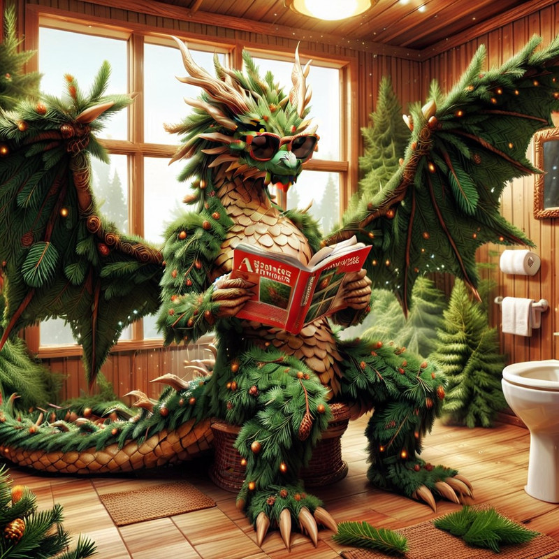 fir needles, bone fir needles Dragon, A massive humanoid dragon made of fir needles sitting on a toilet, has a