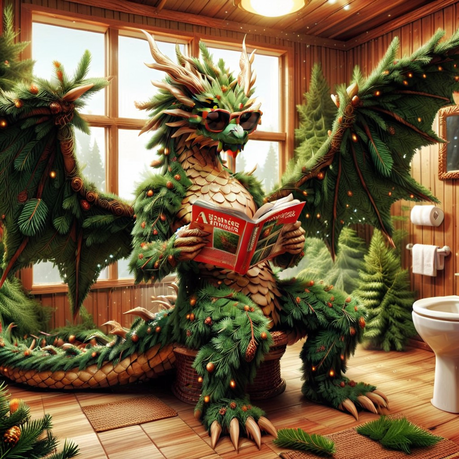 fir needles, bone fir needles Dragon, A massive humanoid dragon made of fir needles sitting on a toilet, has afro, wearing massive sunglasses, reading a magazine. in a bathroom, magazine in hand, sunglasses, massive sunglasses, light reflecting on sunglasses, reading magazine, sitting on toilet, in a fir needles bathroom, fir needles wings, (wall style made out of fir needles), ((surreal)), ((witty)), ((aeaesthetic)) humorous, raining green leaves, greenery outer space made of fir needles, masterpiece, high quality, highly detailed texture.