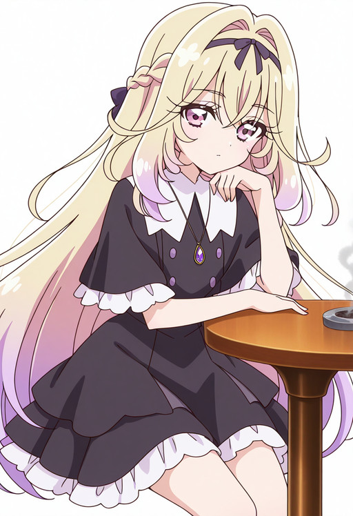masterpiece, best quality, amazing quality,, cowboy shot, solo, looking at viewer, <lora:transparent-background-illustriousxl-lora-nochekaiser:1>, transparent background, simple background, white background, <lora:moria-luluka-anime-illustriousxl-lora-nochekaiser:1>, moria luluka, long hair, blonde hair, very long hair, purple eyes, pink hair, braid, purple hair, multicolored hair, hair bow, pink eyes, gradient hair, anime screencap, skirt, dress, jewelry, short sleeves, frills, puffy sleeves, necklace, black dress, puffy short sleeves, buttons, capelet, pendant, black capelet, sitting, elbow rest, table,, power plant, machinery, smoke, energy,