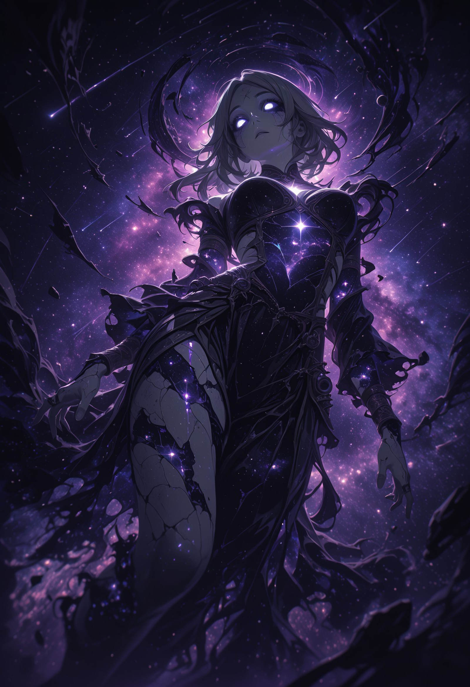 Smooth_Quality, FantasyForge,

female cosmic entity, solo, porcelain white skin with faint glowing cracks, white glowing eyes, cracked iris, long floating light grey hair, parted bangs, small floating fragments of light around body, dynamic pose, dynamic angle, spiral galaxy background, deep cosmos, colorful nebulae, stars, shooting stars, distant planets, ethereal glow, mysterious celestial atmosphere