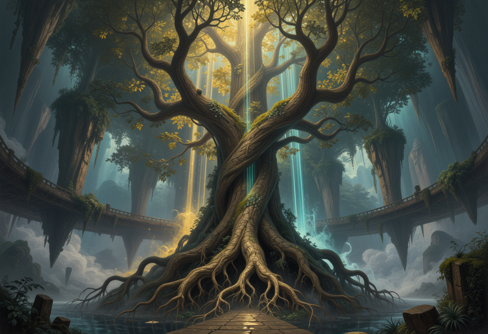 A vast vertical space opens upward and downward at once, structured around an immense living tree whose trunk stretches beyond the frame in both directions. Yggdrasil exists as architecture, landscape, and organism simultaneously. The composition is asymmetrical, the trunk offset to one side, allowing roots and branches to spiral across the scene in layered depth.  The bark is painted with dense, tactile oil textures inspired by Anselm Kiefer, rough and stratified, embedded with traces of earth, ash, and time. Roots break through stone platforms and dissolve into mist, while branches fragment into luminous pathways of light and leaf, rendered with the atmospheric sensitivity of J.M.W. Turner.  Light moves vertically through the space. Warm golden tones descend from above through drifting leaves and airborne particles, while cool blue-green light rises from below, illuminating roots and fog. These opposing light currents intersect across the trunk, creating a living axis of color and motion.  The environment surrounding the tree shifts continuously. Floating landforms, suspended bridges of rock and moss, and distant horizons appear within the same space, merging multiple realms into a single layered environment. Perspective bends subtly, inspired by the metaphysical spatial logic of Giorgio de Chirico.  The camera floats slightly off-center, neither grounded nor elevated, reinforcing the sensation of existing within the tree rather than observing it. The image feels alive and infinite, Yggdrasil revealed as a living spatial system, a connective force where worlds overlap through light, material, and breath. <lora:ZIT_3xperiment0:0.35>