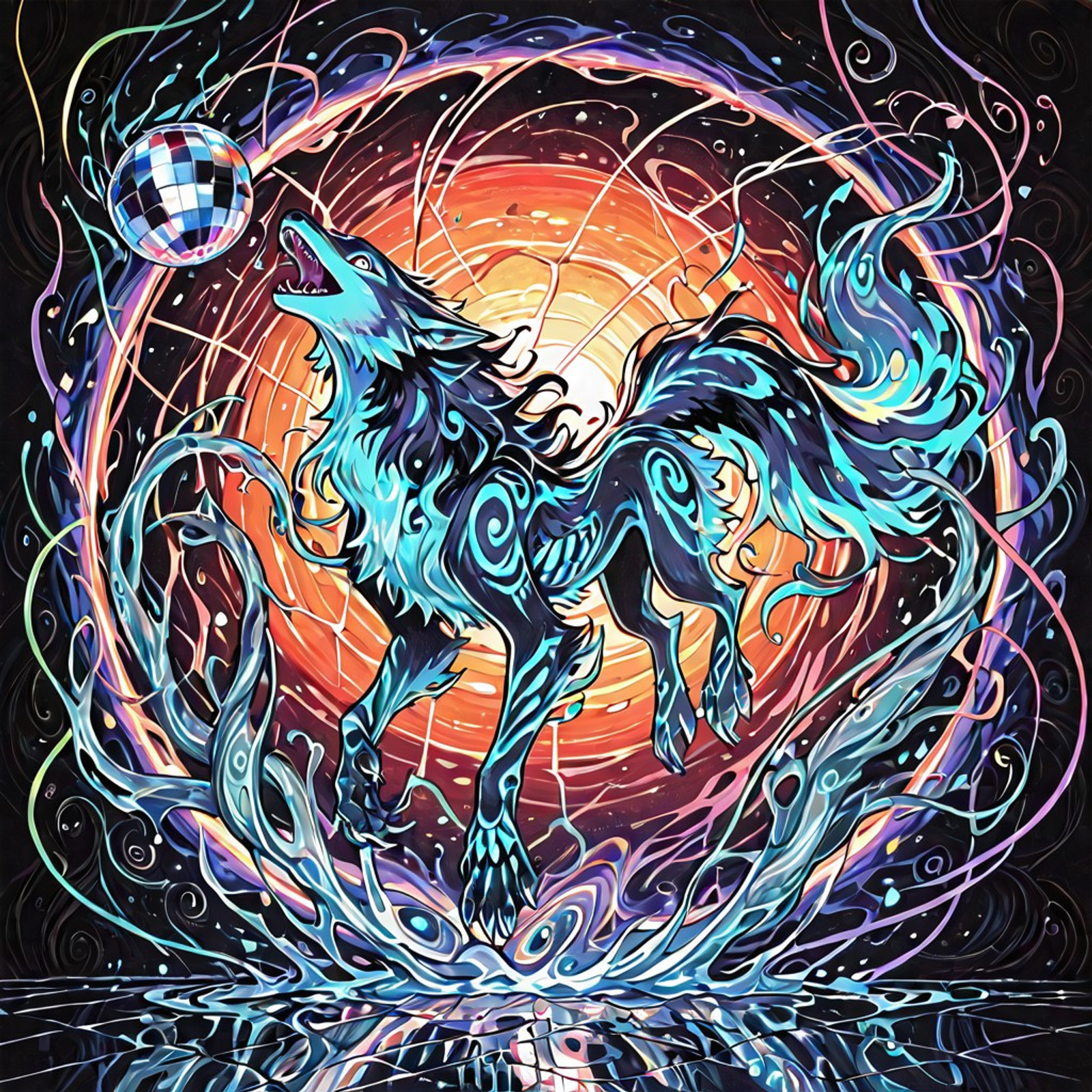 best quality, very aesthetic,
intricate pencil sketch, watercolor coloring, fantasy creature, skinny wolf-like creature floating in midair, over a reflective tiles sphere, disco ball texture, running, long flowing tentacles, open mouth, feral, evil, sharp claws, textured wolf skeleton, detailed line work, swirling patterns, abstract design, floating in midair, black hole in the sky background, rough paper \(texture\), fantasy art, surreal,  fine lines, no gravity, reptile like head, curved claws, abstract tentacles, intricate details,  fine art, abstract tiles fur,  neon \(theme\), whimsical, imaginative, art design, rainbow lasers,