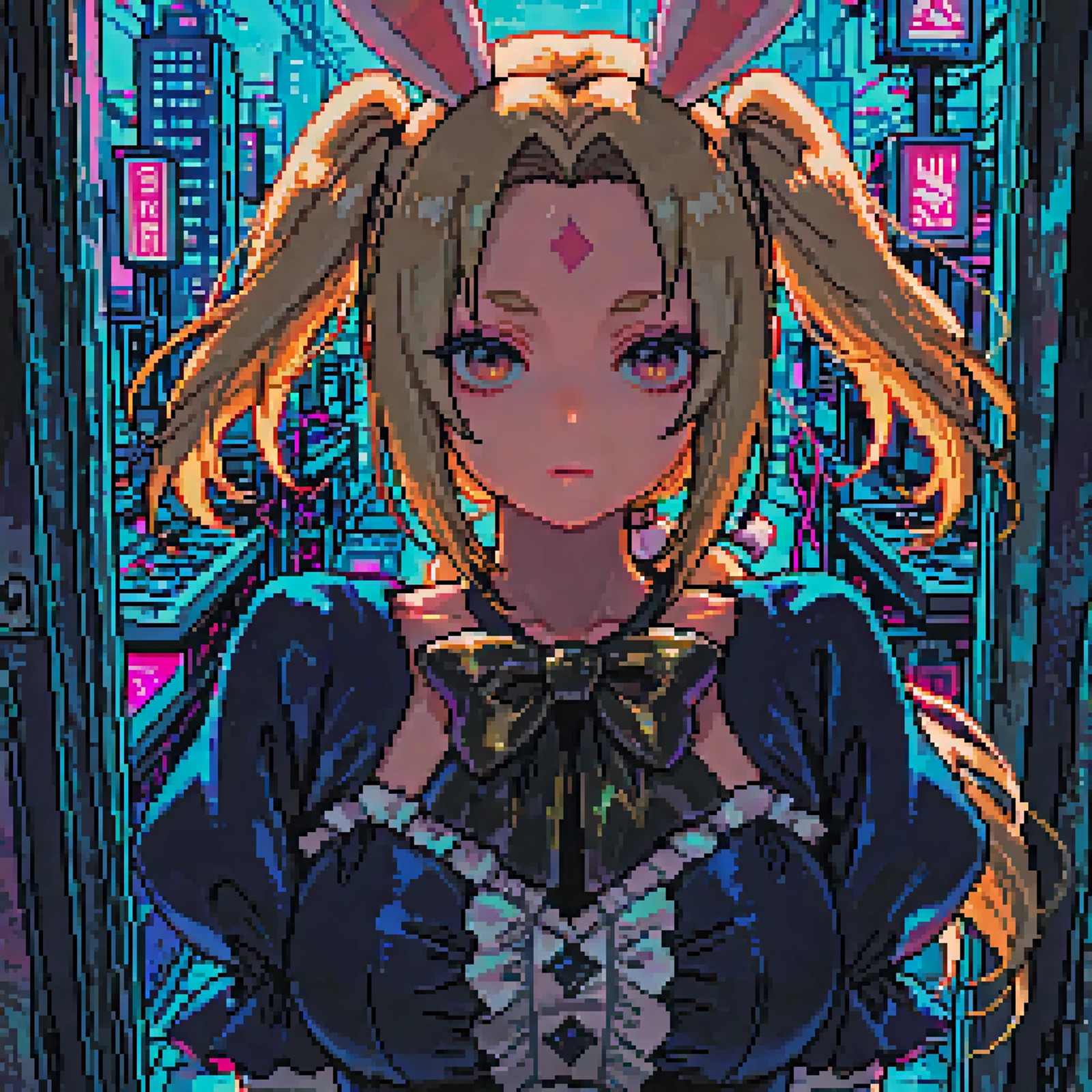 masterpiece,best quality,amazing quality,yuki77style,pixel art,dithering,pixel shading,soft pixel lighting,soft contrast,clean pixel clusters,tsunade_(naruto),1girl,naruto_(series),low_ponytail,ponytail,parted_bangs,brown_hair,long_hair,makeup,short_eyebrows,yellow_eyes,shiny_skin,collarbone,forehead_mark,rabbit_ears,large breasts,magical girl,ribbon,bow,blonde bow,dress,looking at viewer,solo,puffy sleeves,gloves,two side up,elbow gloves,frills,closed mouth,blue dress,bowtie,expressionless,white gloves,blonde ribbon,upper body,straight-on,blonde bowtie,arms at sides,and a blonde bow on her head,She wears a dress with puffed sleeves,a large blonde bow at the chest,and white gloves,The background is a vibrant,futuristic cityscape with neon blue,pink,and purple hues,filled with skyscrapers and abstract structures,The girl's expression is neutral,and she is centered in the image,with the background creating a dynamic,colorful atmosphere,<lora:TrendCraft_The_Peoples_Style_Detailer-v2.4I-5_18_2025-Illustrious:0.35> <lora:yuki77mi_nanamiyuki0j0j0ê_-_Artist_style__Illustrious:1>